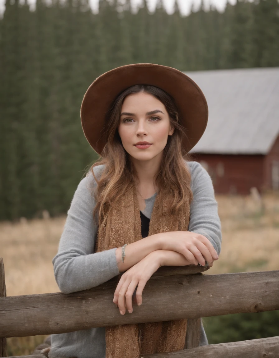 woman in a prairie hat and a scarf leaning on a fence, in the style of calm and meditative, whistlerian, eco-friendly craftsmanship, alex hirsch, strong emotional impact, i can't believe how beautiful this is, pastoral .