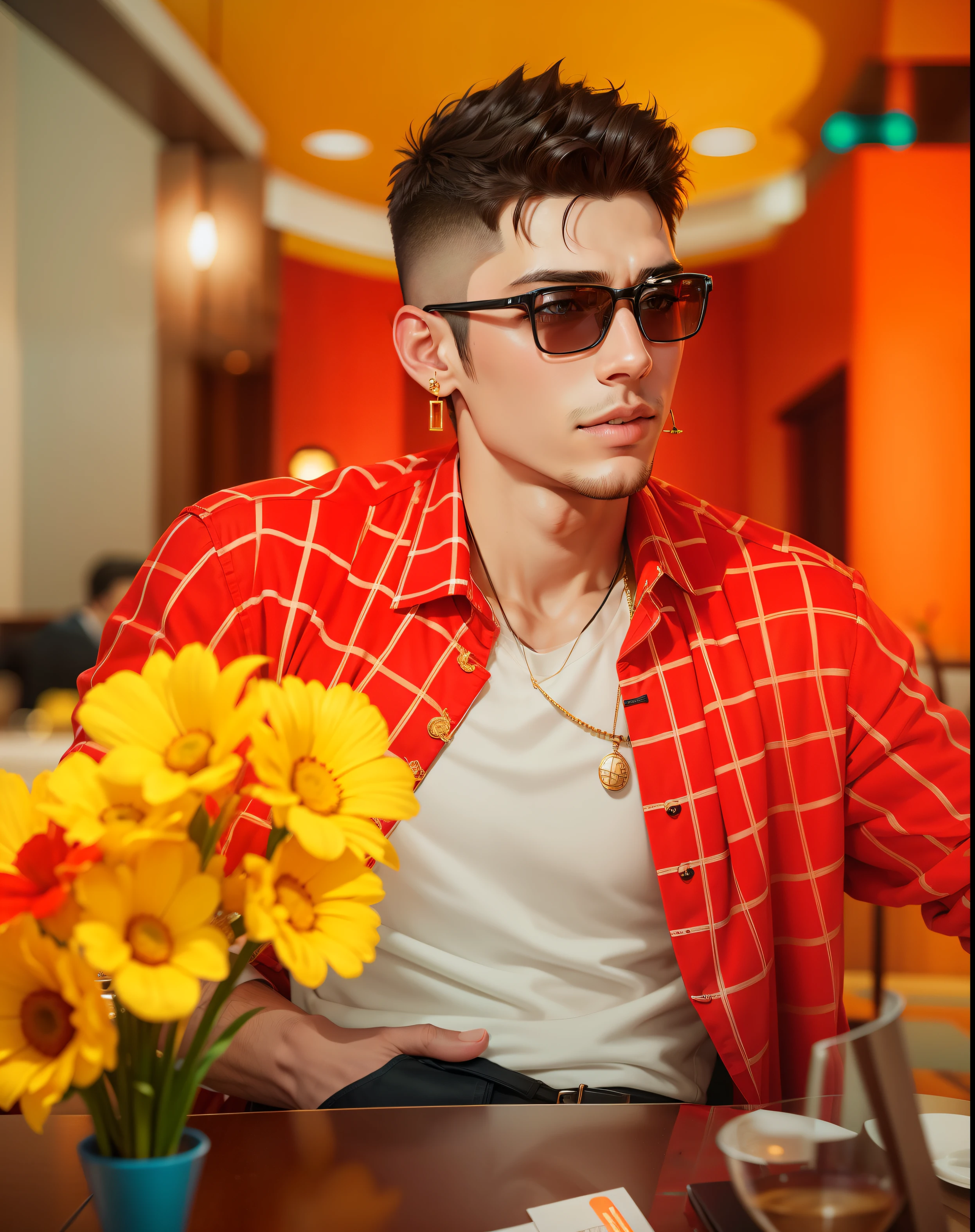 Change background into a hotel, handsome boy with earrings