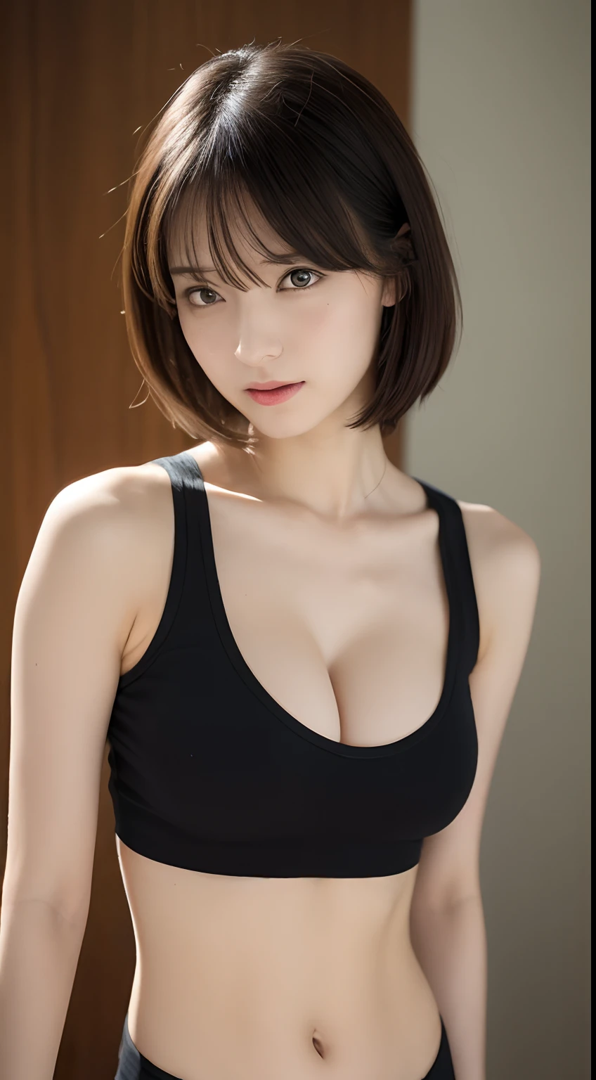 masutepiece, Best Quality, Illustration, Ultra-detailed, finely detail, hight resolution, 8K Wallpaper, Perfect dynamic composition, Beautiful detailed eyes, Natural Lip, Tank Tops, Big breasts, cleavage, Full body, navel-baring, Random sexy poses