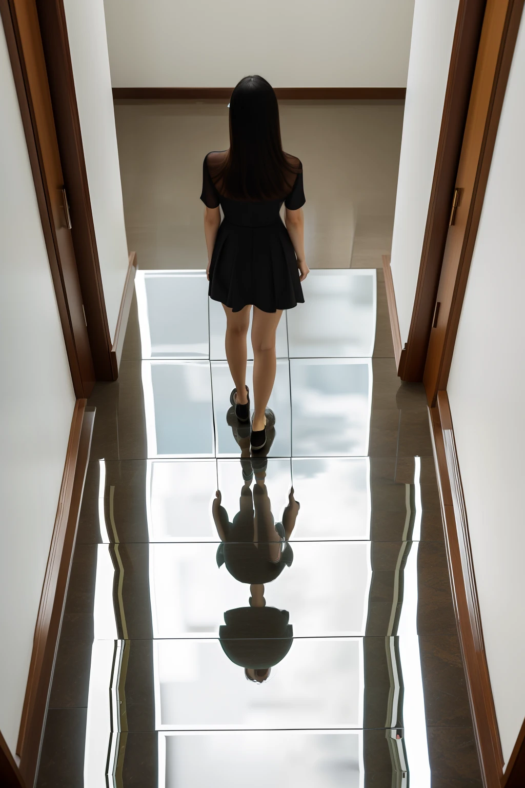 Woman walking on mirror polished floor、She is reflected on the floor、Focus on the floor、View from above diagonally、underfoot、full body wide shot