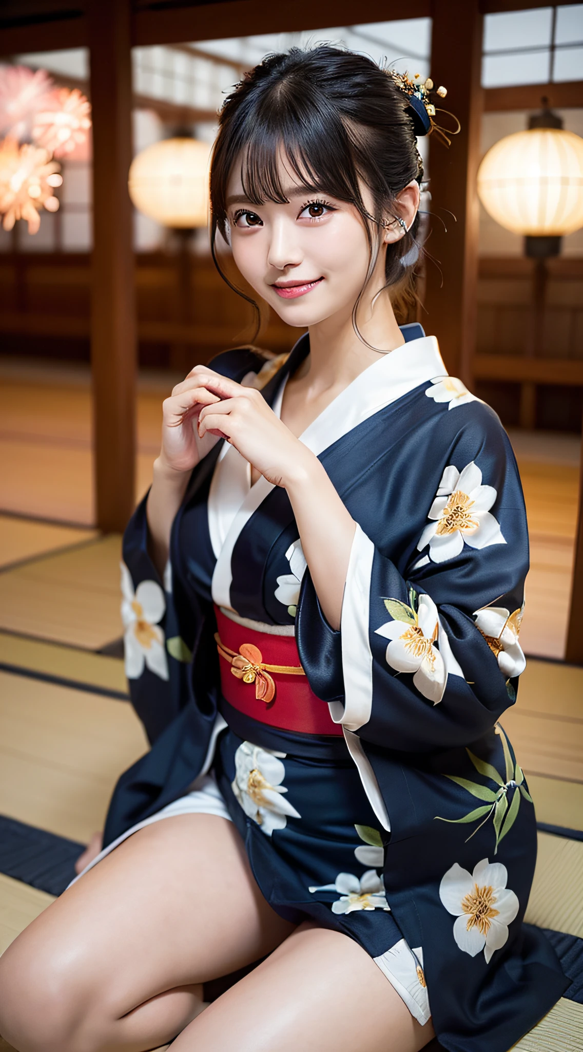 Araffe asian woman in kimono sitting on the floor in a room - SeaArt AI