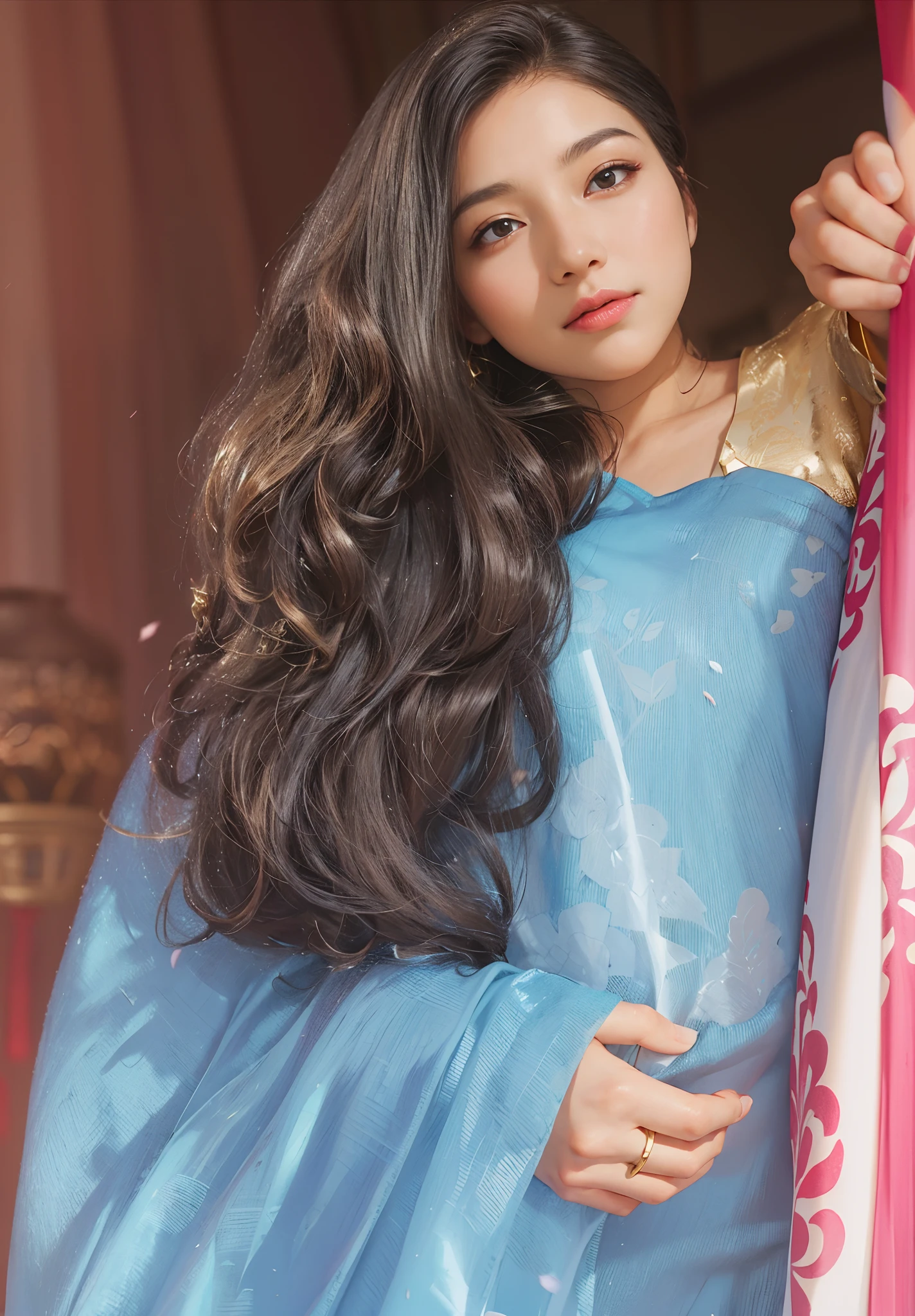 best quality, masterpiece, highres, (exquisite body:1.5),gorgeous face,(milky skin:1.3),intricate details,high resolution,wallpaper,
1girl, solo, dress, hair ornament, (((gold and red dress))), flowers, long hair, brown hair, closed mouth, jewelry, long sleeves, hand up, wide sleeves, big eyes,floating hair, chinese clothes, hanfu, embroidery, long skirt, natural pose, falling petals, indoor,fanning, lantern,
16K,HDR,highres,depth field,(film grain:1.1),boken,golden hour,(lens flare),vignette,rainbowing,(color grading:1.5)