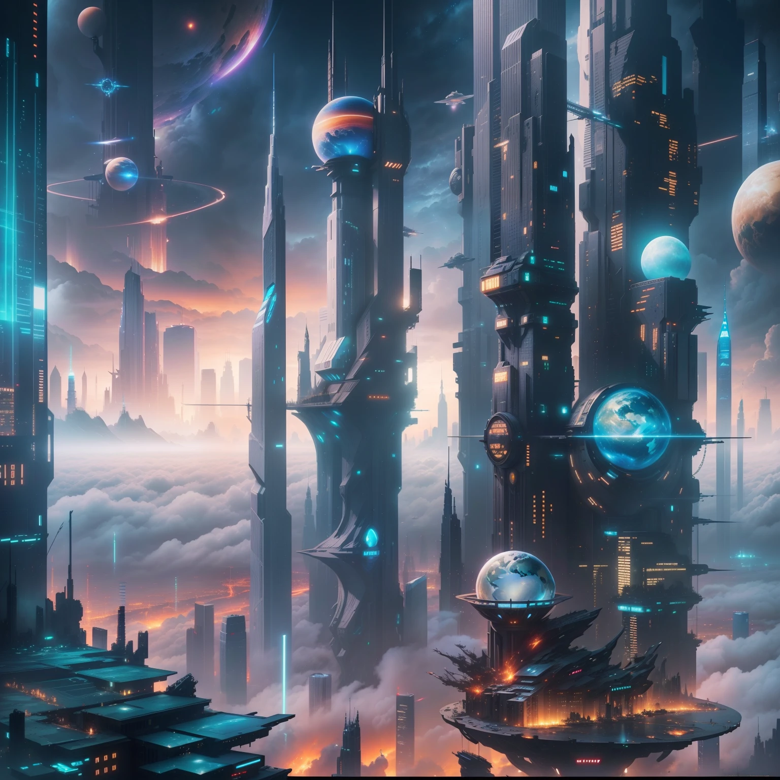 cyberpunked、SFart by、top-quality、masterpiece、Skyscrapers towering through the clouds、Glass-walled skyscrapers、StarWars、Fantasia、Beautiful city、planet earth、Space City、8K、