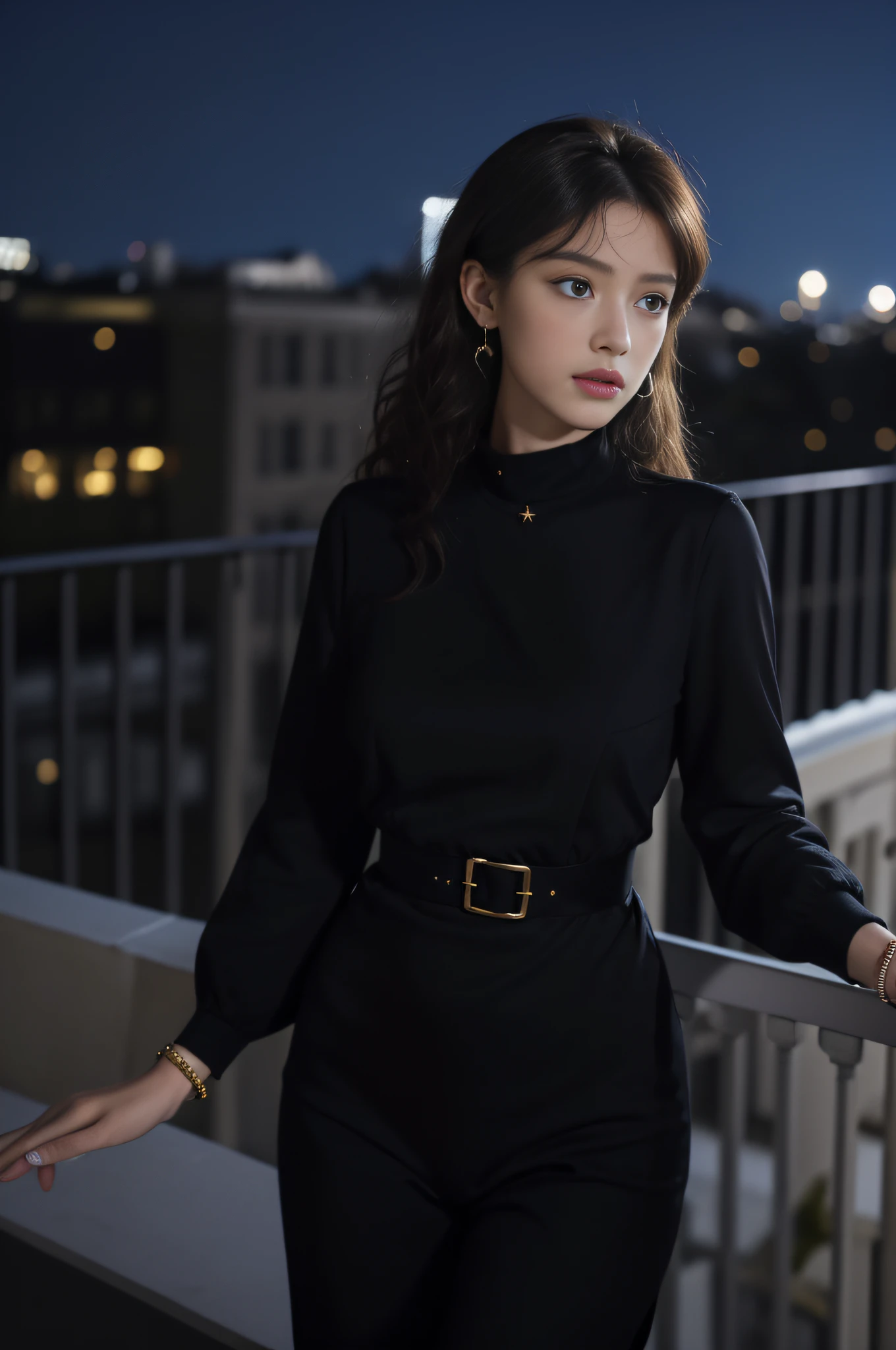 ((Minuit, beste-Qualit, 8k, master piece :1.3)), Corps entier, Longues jambes, Mise au point nette :1.2, A pretty European woman with a perfect figure :1.4, Slender abs :1.1, ((Cheveux noirs, curly hair, yeux bleus, gros seins, :1.2)), (tight-fitting clothing, black clothing, Golden jewelry, boucles d'oreilles, bracelets, collier, Debout :1.2), ((Nuit, clair de lune, stars, rideaux, balcon, luxurious hotel:1.3)), Highly detailed facial and skin texture, detailled eyes, double eyelidwork