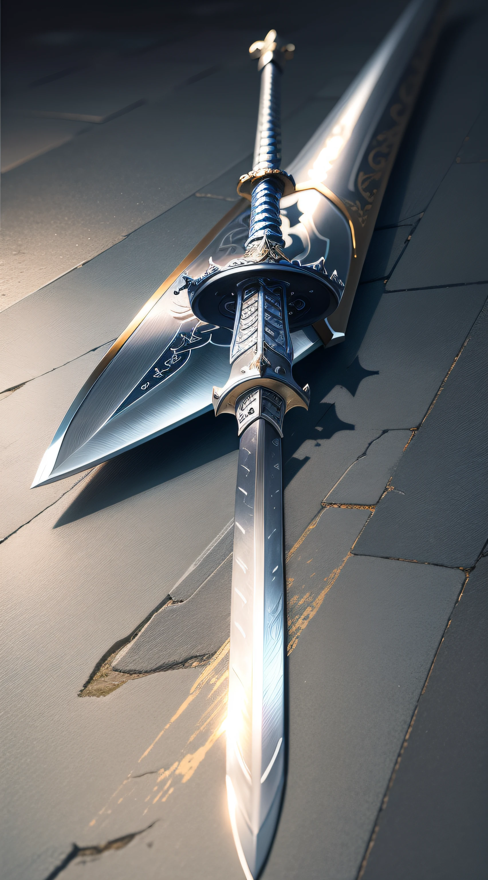 (outstanding、professional、Surreal)、detailed sword, Metallic texture, lying on the ground