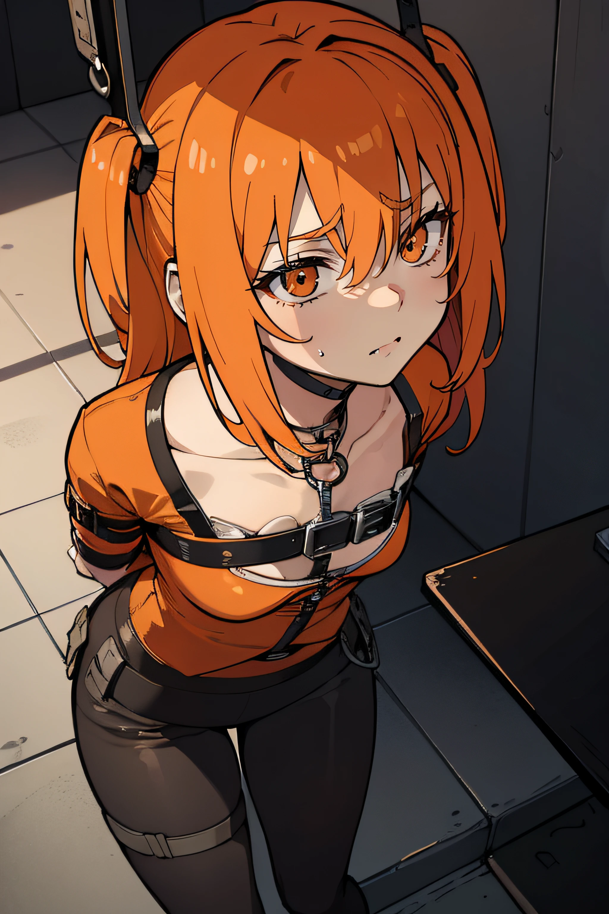 orange hair, orange eyes, restrained, worried, begging