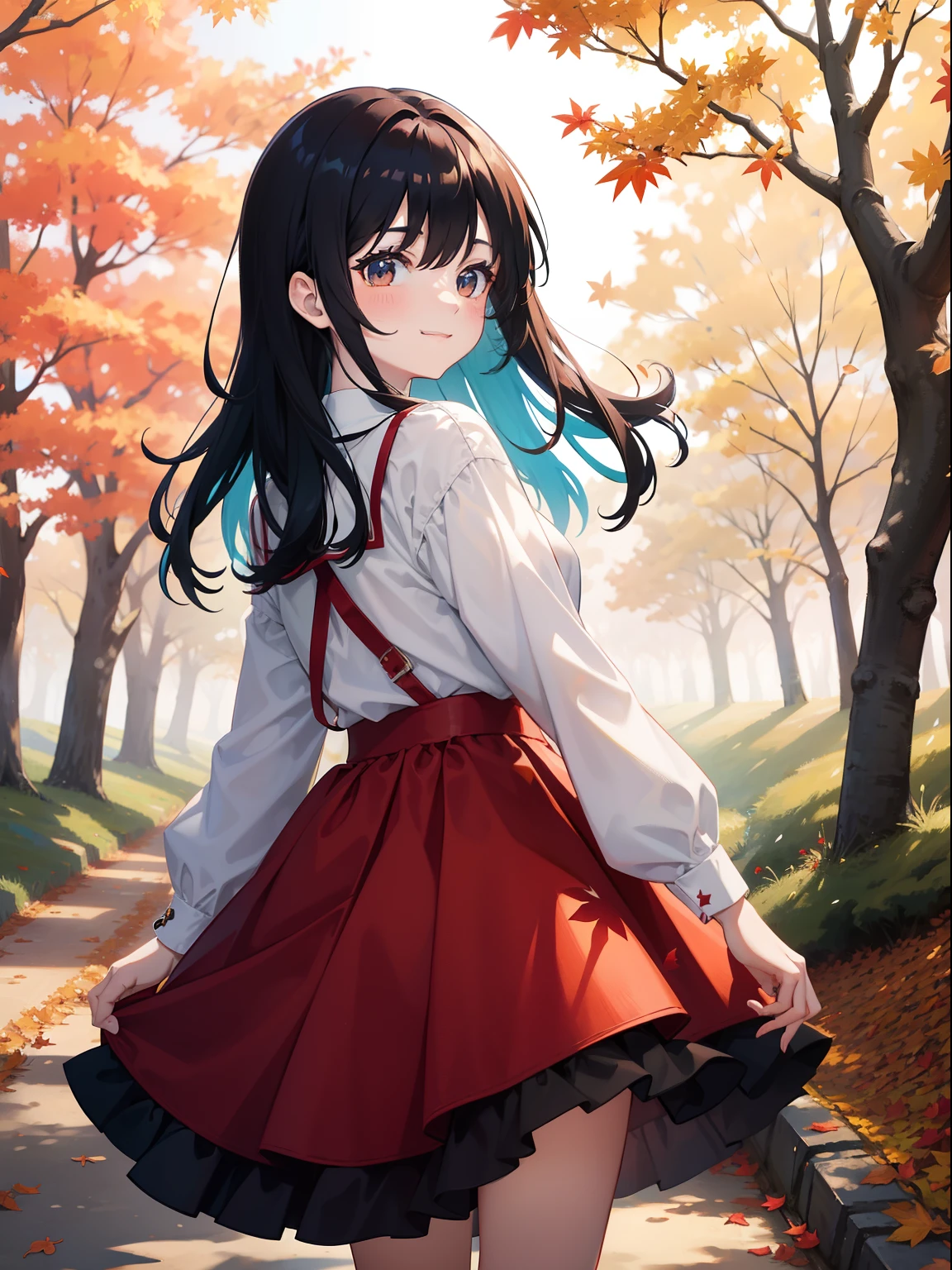 ((sunlight)), ((WeriArt style)), high-waist skirt, blush, (ginger hair), 1girl, (ribbed sweater, red sweater), (white skirt), solo, (((black thighhighs))), frilled skirt, vibrant colors, saturated colors, bright colors, light rays, 8k realistic lighting, black pantyhose, long sleeves, bangs, looking at viewer, skirt, bow, (black legwear), red eyes, breasts, red bow, standing, sun rays, small breasts, [cowboy shot], outdoors, sky, cloudy sky,  brown hair