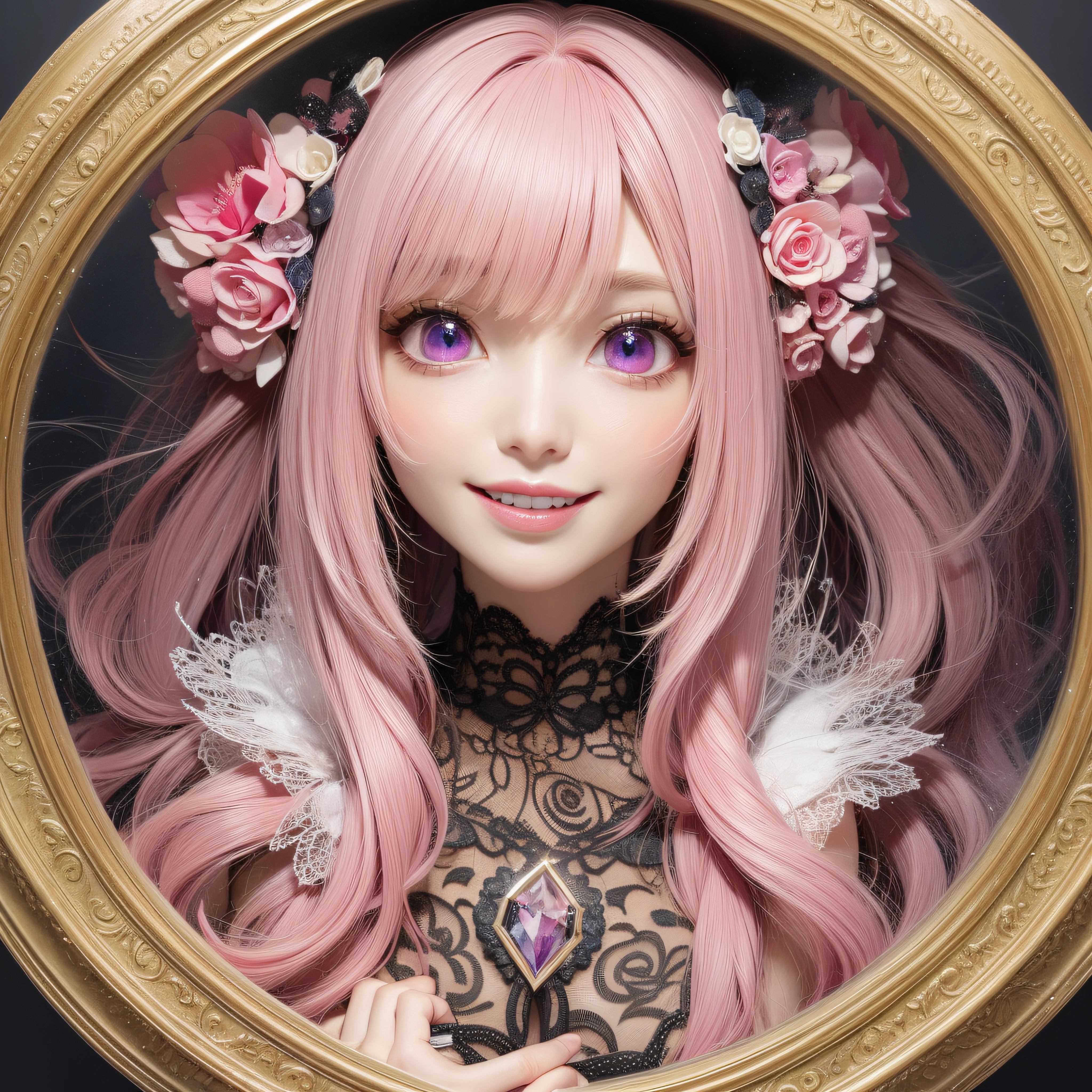 Close-up of laughing face、makeup、Glossy lips、Glowing dark pink eyes、Fluorescent pink color short hair、(realisitic、hight resolution)、(1 girl in)、Do-Up Eye、Korean Girl、(Best Quality), (masutepiece), (1girl in), Solo, a beauty girl, Perfect face, dreamlikeart、Highly detailed airbrush art((Surreal))、Volumetric lighting、(top-quality)、The ultra-detailliert、Highly detailed colorful details、(Bright lighting)、dynamic compositions、Ray traching、The mirror reflects light、Shallow depth of field、ultra-detailliert、mixing  exposure、nffsw、Her eyes shine with a deep pink color、Pink glowing 3D heart illustration、Pink glowing 3D heart illustration
