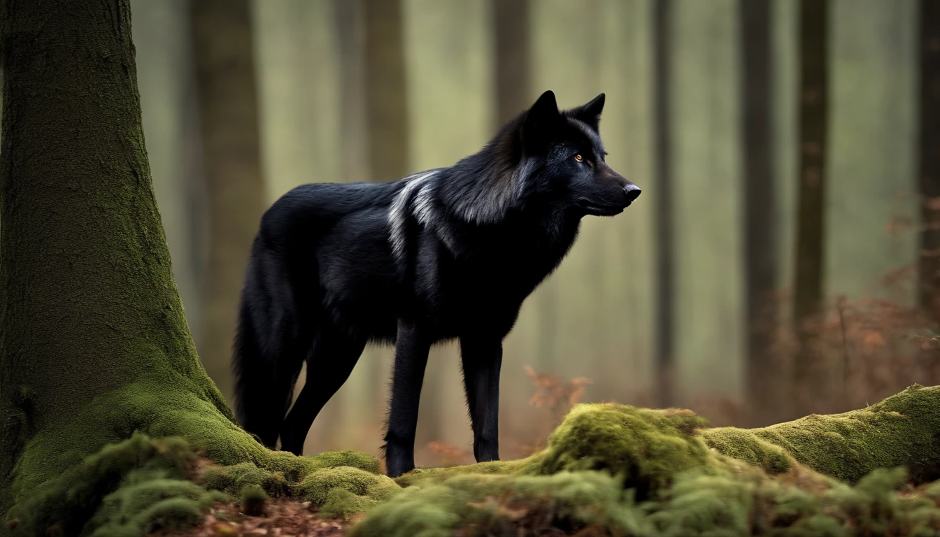 A black wolf facing a forest looking menacingly, ultrarrealista, photographic, Very high resolution photo