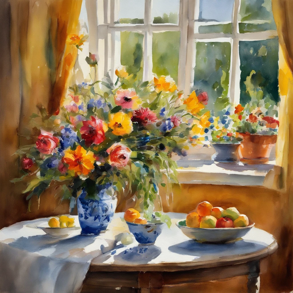a close up of a table with a vase of flowers on it, delightful surroundings, with a french garden, house kitchen on a sunny day, french village interior, by Bernard D’Andrea, bright window lit kitchen, architectural digest, homes and garden magazine, homes and gardens, architectural digest photo, summer morning light, with flowers and plants, vignettedigital sketch, Drip paint. Perfect color grading. Influence of Karel Appel and Jeremy Mann, Lots of dramatic and threatening scenes, ultra-detailliert, Beautiful, insanely detaileda, Intricate details, Editorial Photography, Shot with a 50mm lens, depth of fields, Tilt Blur, Shutter Speed 1/1000, F/22. Lightmaps, Super bright