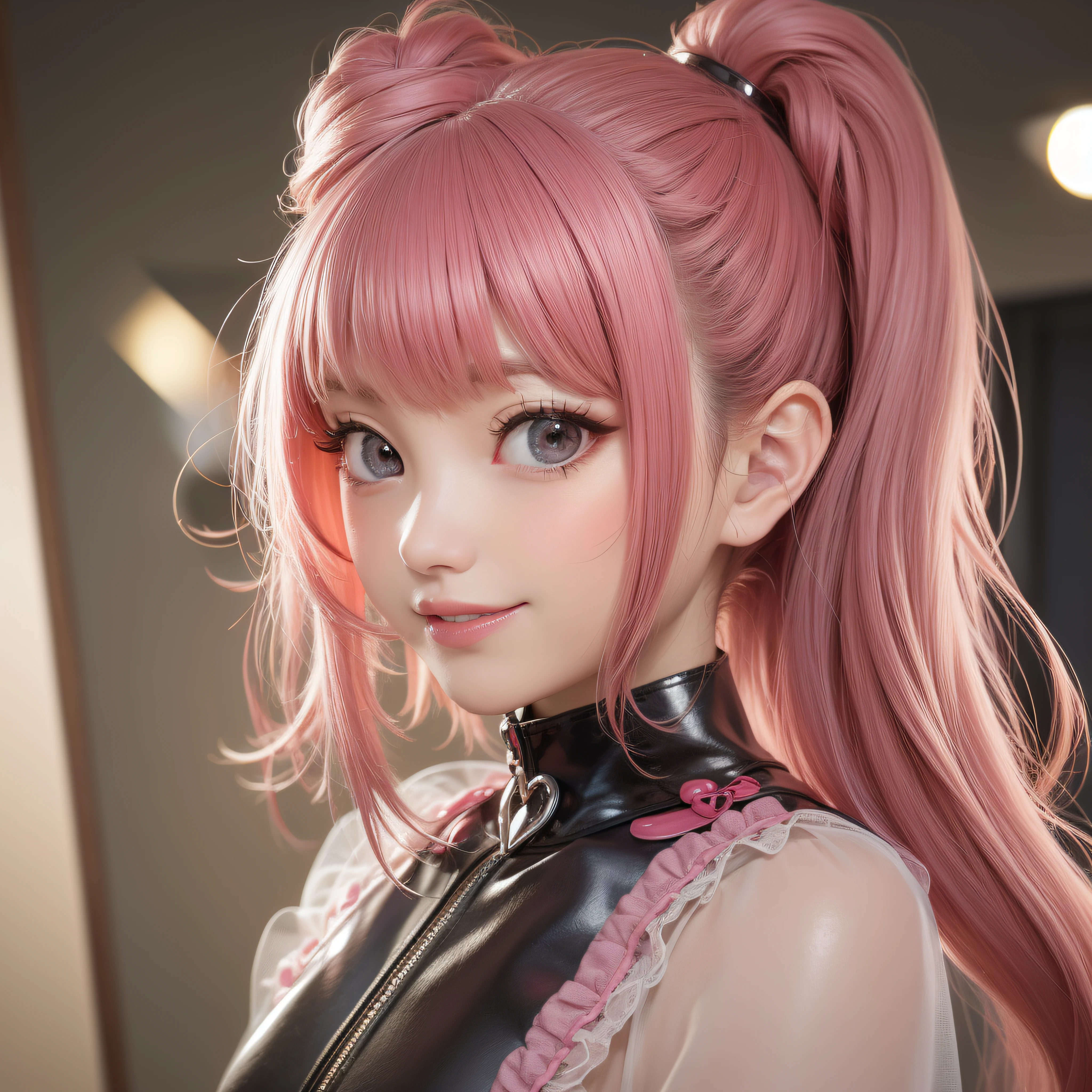 Close-up of laughing face、Close-up of laughing face、companion、makeup、Glossy lips、Shining eyes、Pink Ponytail Hair、(realisitic、hight resolution)、(1 girl in)、Do-Up Eye、Korean Girl、(Best Quality), (masutepiece), (1girl in), Solo, a beauty girl, Perfect face, dreamlikeart、Highly detailed airbrush art((Surreal))、Volumetric lighting、(top-quality)、The ultra-detailliert、Highly detailed colorful details、(Bright lighting)、dynamic compositions、Ray traching、The mirror reflects light、Shallow depth of field、ultra-detailliert、mixing exposure、nffsw、Her eyes glow with a dark pink color、Pink glowing 3D heart、Pink glowing 3D heart
