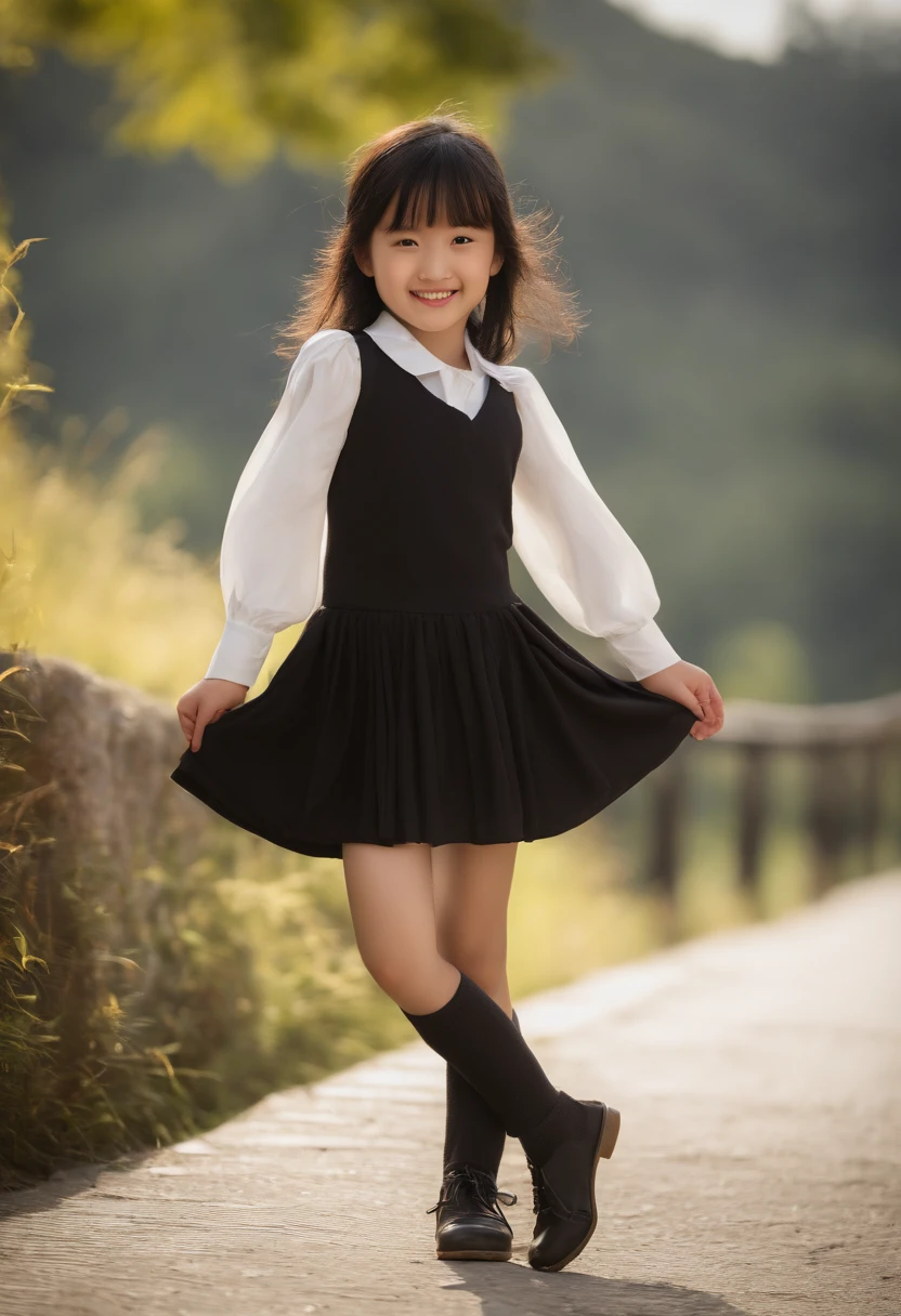 blue-sky、A smile、Raising the skirt with your hands、(((Not wearing panties)))、Very cute, a beauty girl, (9 girl), (fullnude), Ultra mini skirt naked, Beautiful face, eyes and skin with exquisite detail, Detailed black hair, Smile at the camera, Shooting from the knee up, the way from school to home, profetional lighting, BREAK, (realisitic, Photorealsitic:1.37), in 8K, (masterpiece), (top-quality:1.4), (超A high resolution:1.2), (Raw photography:1.2)、(super detailed beautiful cloths)、perfect anatomia、4fingers and 1thumb、hyper detailed background、(Wallpapers by Unity 8K)、(All Nude)、(Young breasts)、(slender)、(rib)