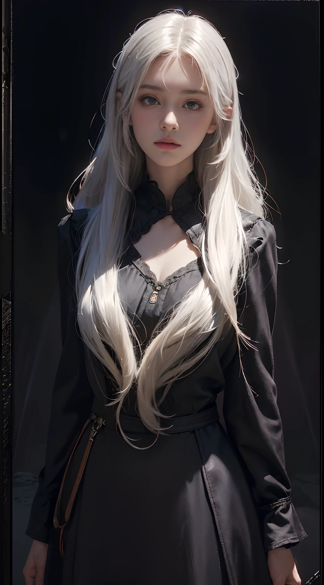 (front focus), (in the dark:1.6), Hyperrealist portrait of female by david hockney and alphonse mucha, fantasy art, photo realistic, dynamic lighting, artstation, poster, volumetric lighting, very detailed faces, 4 k, award winning, 1girl, in the dark, deep shadow, low key, cowboy shot, (official clothing:1.4), long hair, white hair