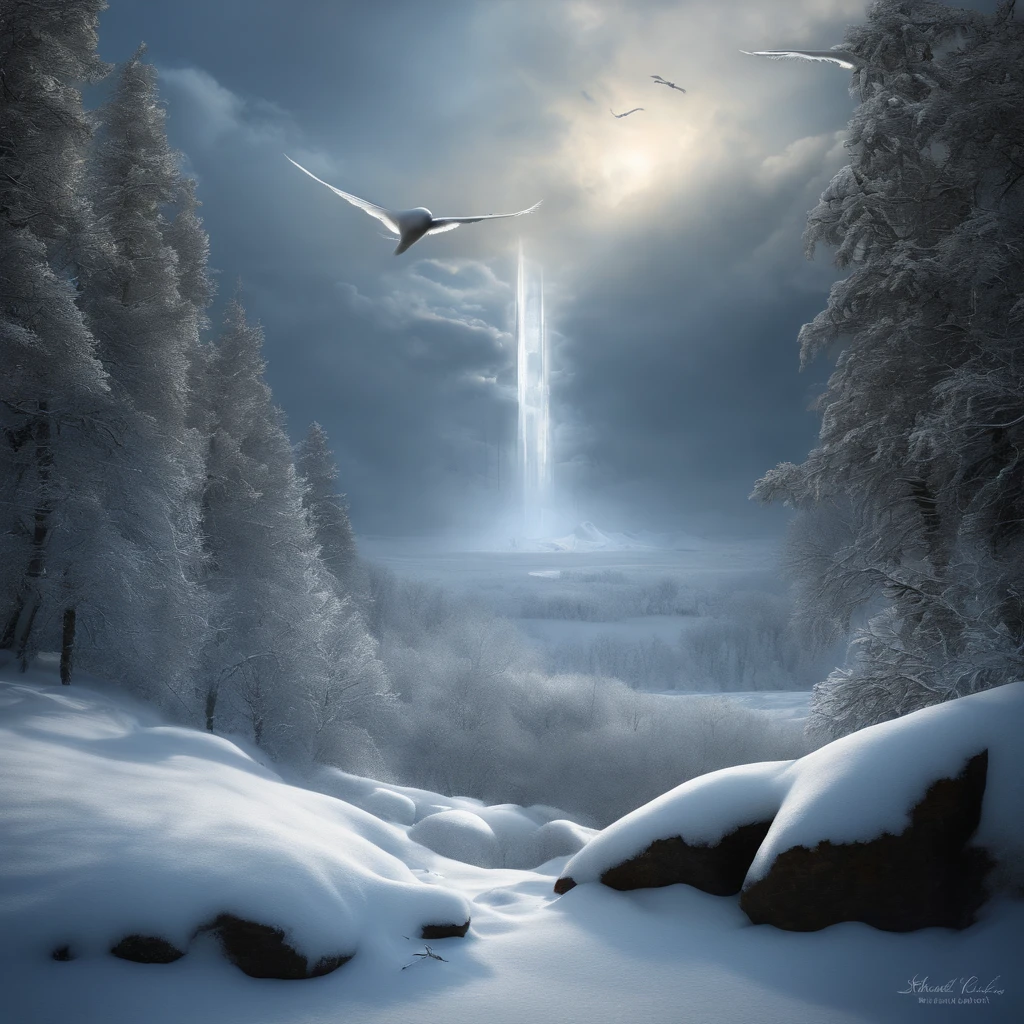 (Distant view)Best quality, Masterpiece, Hundreds of frost-white birds flew towards a pillar, snowfield, high resolution, (photograph realistic:1.4), surrealism, Dream-like,fusionart, Shadowdancer, shadow magic, darkness control, stealth, shadowstep, umbral spells, hidden blade,