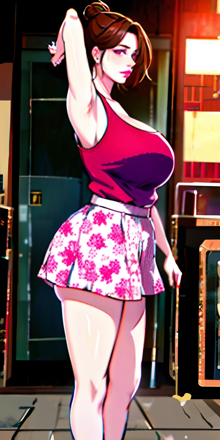 masterpiece:1.5, best quality:1.5, aesthetic, 1girl, sidelocks, cinematic lighting, sharp focus,large breasts , mature female,  ,16k, glowing eyes, detailed 4k eyes,
playground,seduction,sexy lips, parted lips,detailed lips,
red lips, high detailed background,((big purple eyes)), detailed face,shiny skin,
auntjunev2,AuntJune,,hair bun, bangs, messy hair, 
Pink skirt, solo, brown hair, breasts, sleeveless, looking at viewer, large breasts, bag, brown eyes, shirt, holding, floral print skirt, bare shoulders, indoors,red sweater, short hair, shirt tucked in, from side view armpit full body arm from behind