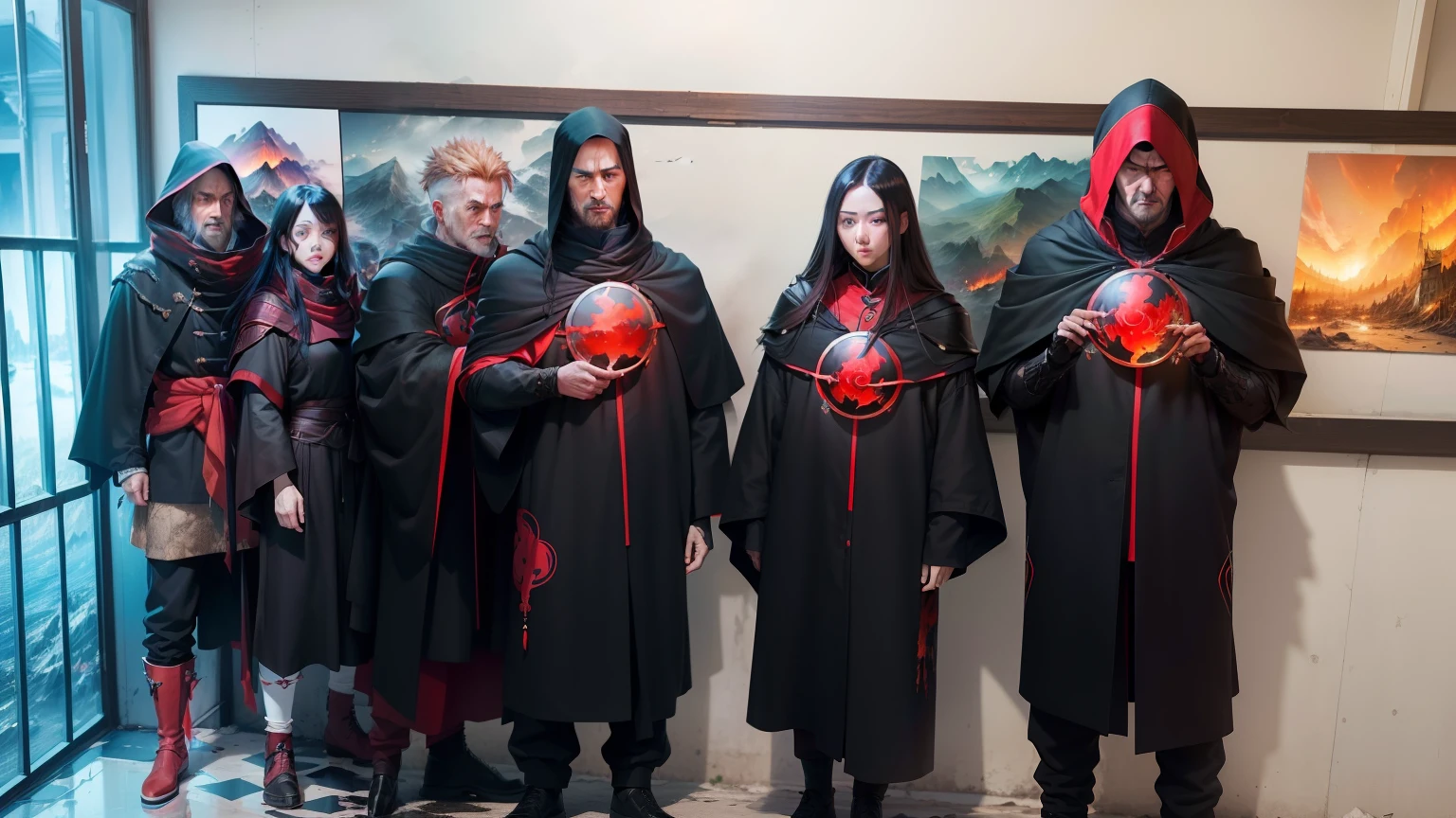 (best quality,4k,highres,masterpiece:1.2), ultra-detailed, (realistic,photorealistic,photo-realistic:1.37), portraits, landscape, anime, sharp focus, vivid colors, black cloak with red clouds, destroyed village backdrop, fire on the ground, six members of the Akatsuki, Masashi Kishimoto style, realistic anime style