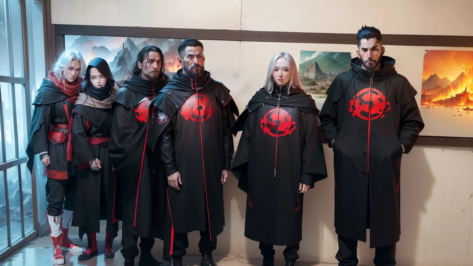 (best quality,4k,highres,masterpiece:1.2), ultra-detailed, (realistic,photorealistic,photo-realistic:1.37), portraits, landscape, anime, sharp focus, vivid colors, black cloak with red clouds, destroyed village backdrop, fire on the ground, six members of the Akatsuki, Masashi Kishimoto style, realistic anime style