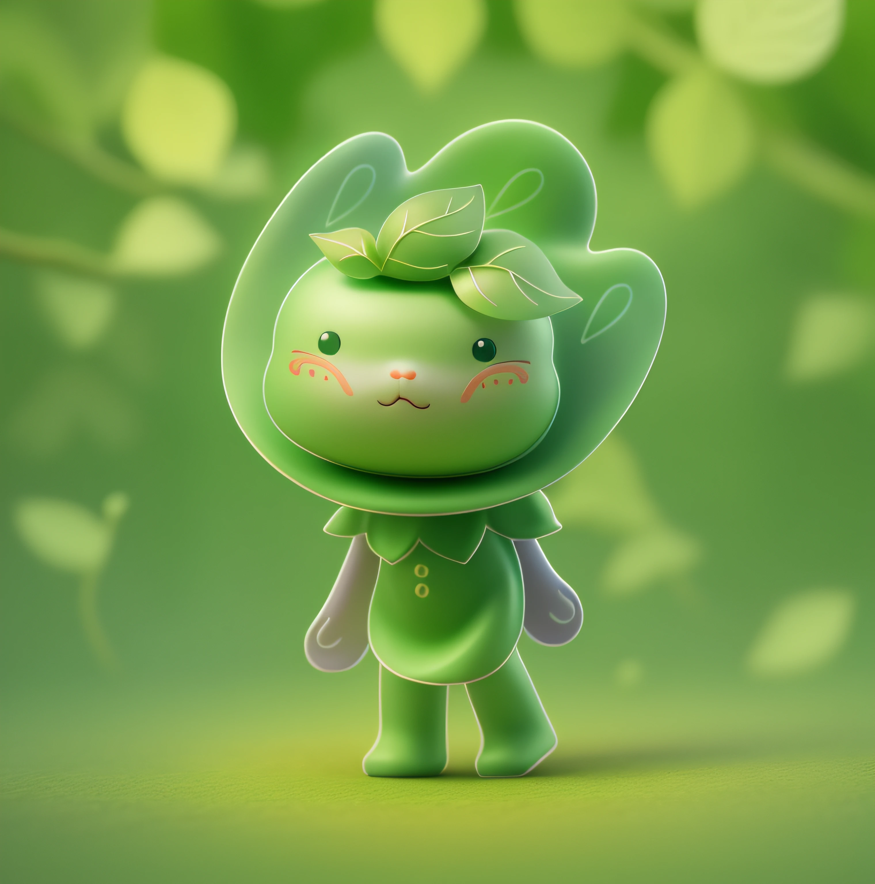 A green 3D character with three leaves on its head, an elf character dressed in green, a cute 3D rendering, a cute 3D, Pixar, anime elf character rendering, a cute forest creature, a cute elf character, a full body mascot, its name is Bai La Shu, with full body clothing, a fluffy green belly, wearing a laurel wreath, its name is Bai La Shu, a plant monster, a cute 3D image, and a cute detailed digital art, Explorer mini cute characters, 3D rendering programming, 3D rendering character art, 8k, cute digital painting, anime style, super detailed rendering, clean background