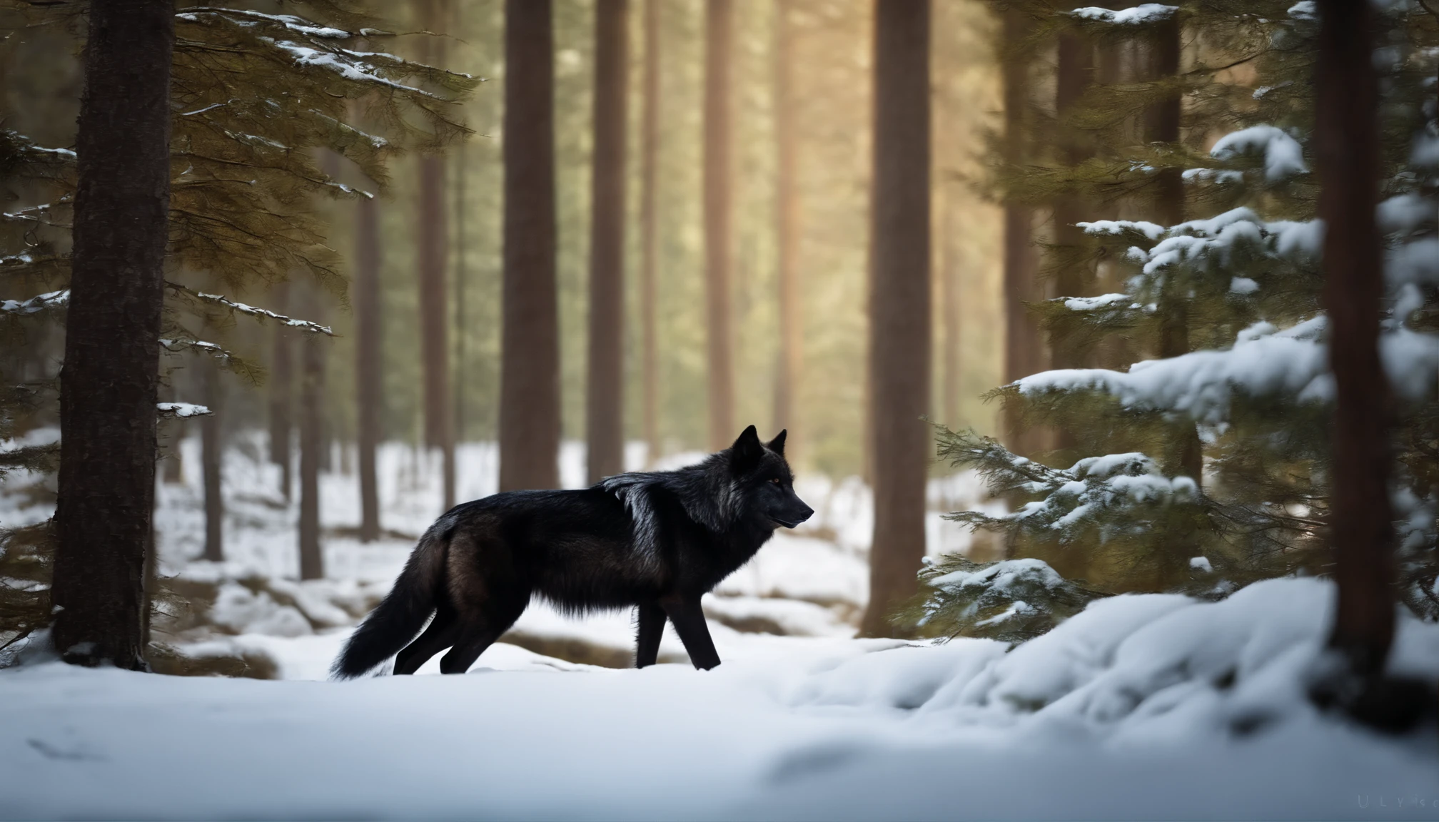 A black wolf facing a forest looking menacingly, ultrarrealista, photographic, Very high resolution photo