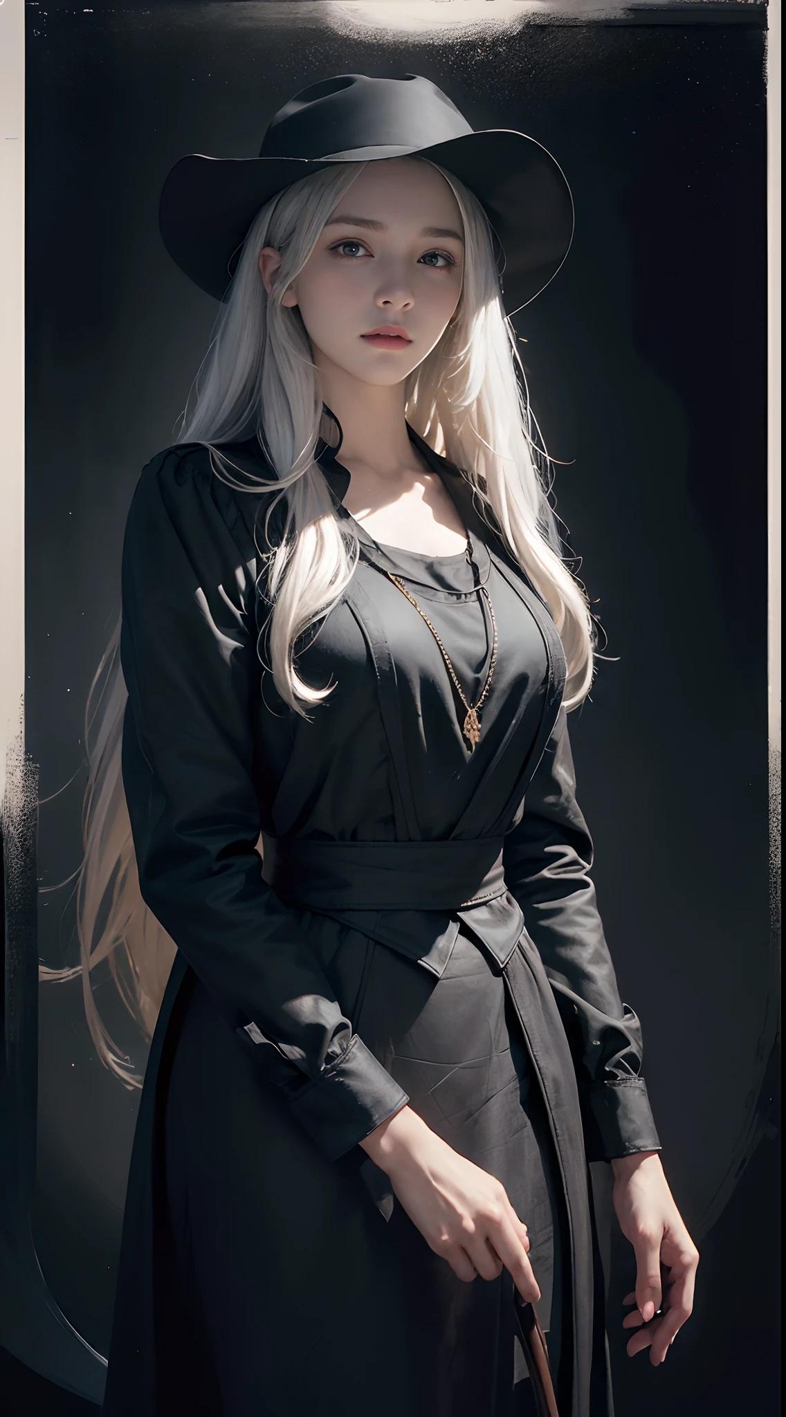 (front focus), (in the dark:1.6), Hyperrealist portrait of female by david hockney and alphonse mucha, fantasy art, photo realistic, dynamic lighting, artstation, poster, volumetric lighting, very detailed faces, 4 k, award winning, 1girl, in the dark, deep shadow, low key, cowboy shot, (official clothing:1.4), long hair, white hair