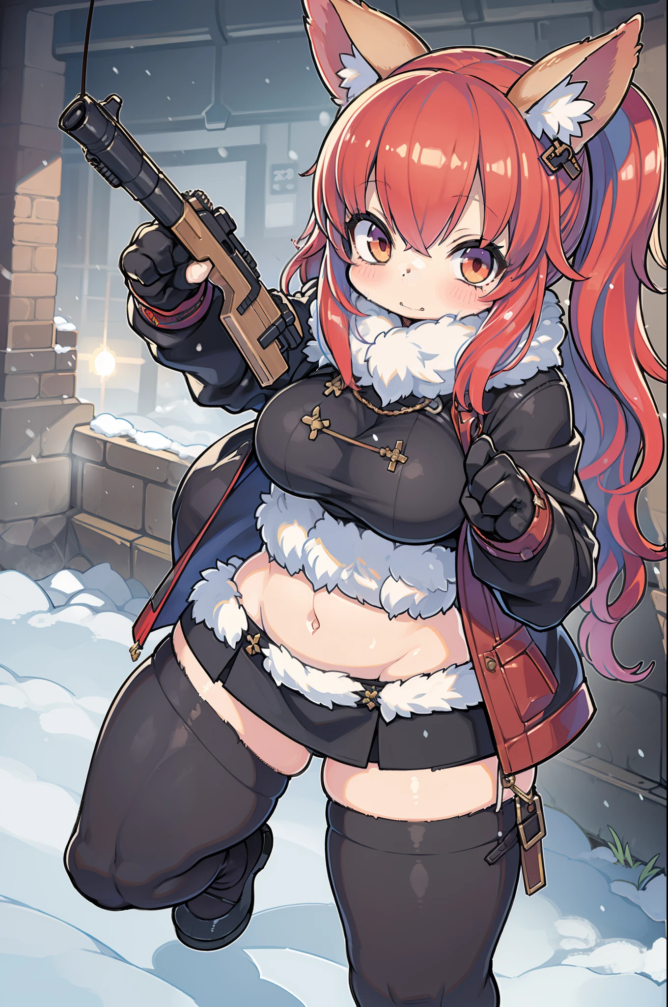 Huntress girl with rifle in snow fight pose,oriental,blade and soul,InkStyle,long red hair,Leather and fur coat,Cold,The artwork,２D,4K,Detailed,Fantasia