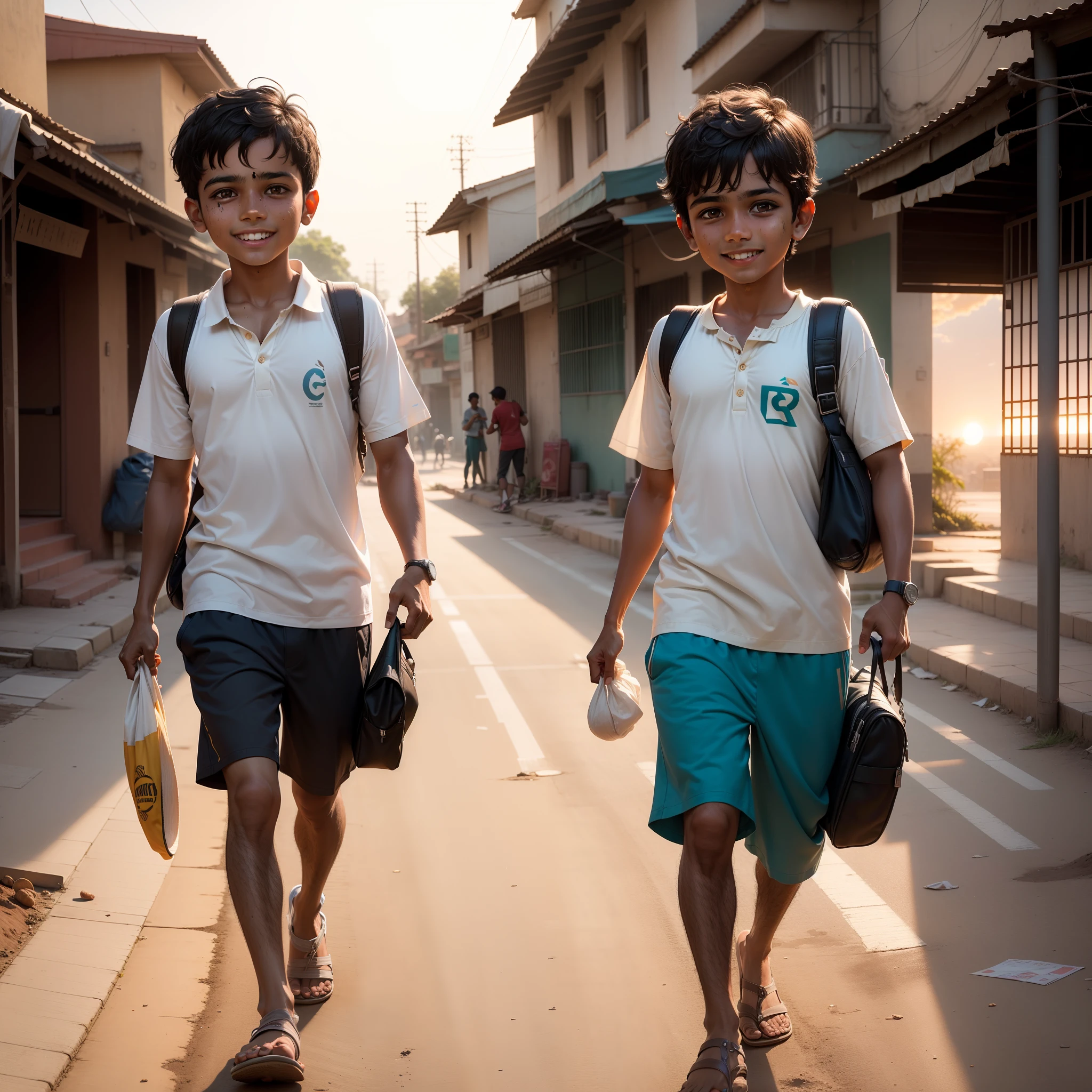 Neat Indian Boy Playing Cricket, Boy Looks Happy & Smile On His Face, Little Dirty Clothes, With His Bag Wearing, Walking On Indian Streets, With A Beautiful Sunset, Photo Realistic, Ultra Realistic 8k