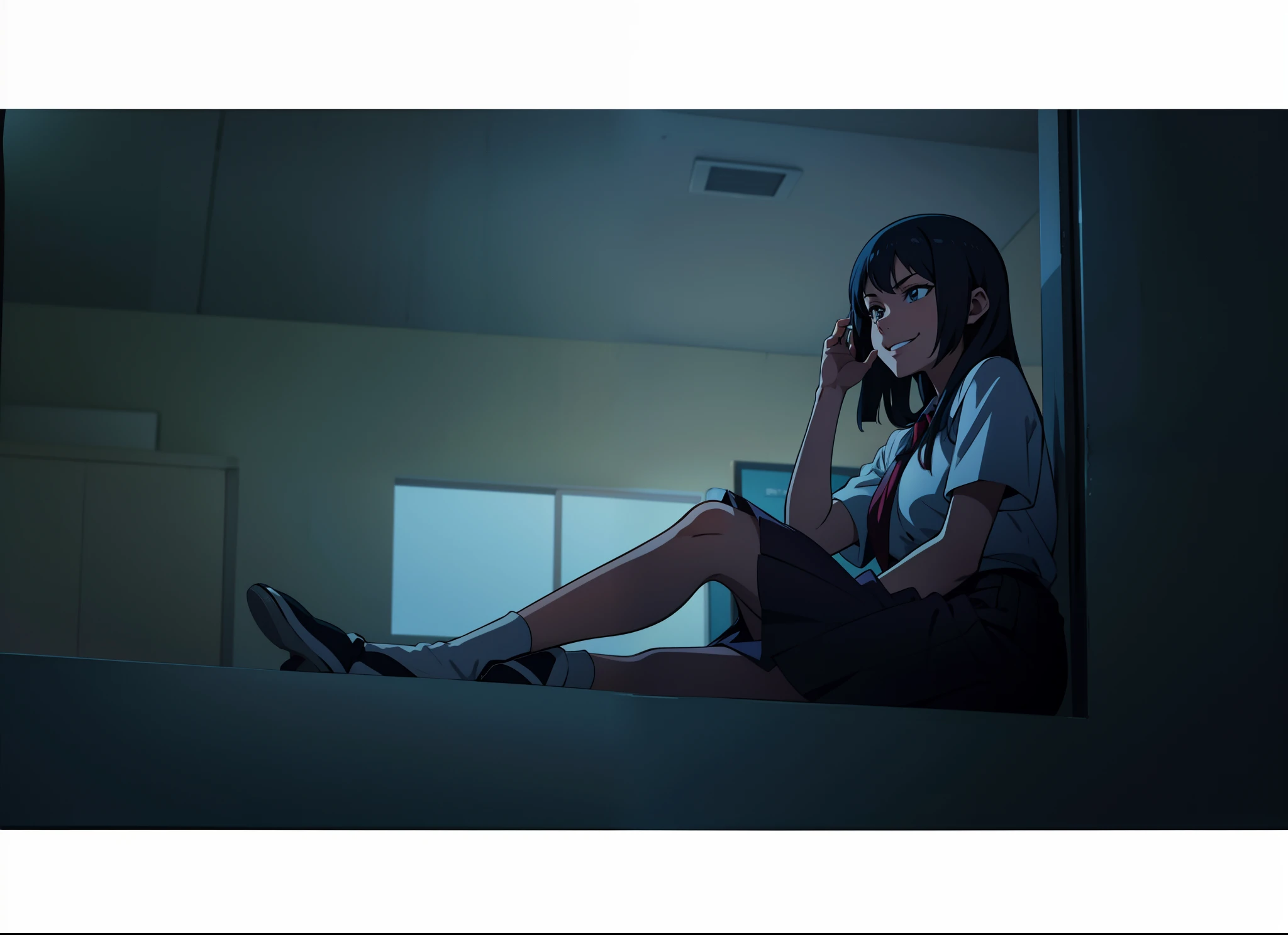 Anime scene, 1girl, highschool girl, speaking on the phone, evil smile, sitting by the window