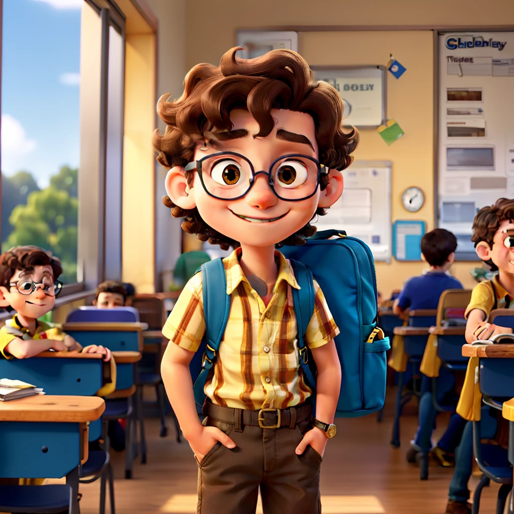 5 year old smiling boy, Caucasian, curly light brown hair, wearing yellow shirt, brown denim pants, with eyeglasses, with wrist watch on right arm, with blue backpack, walking, in school campus
