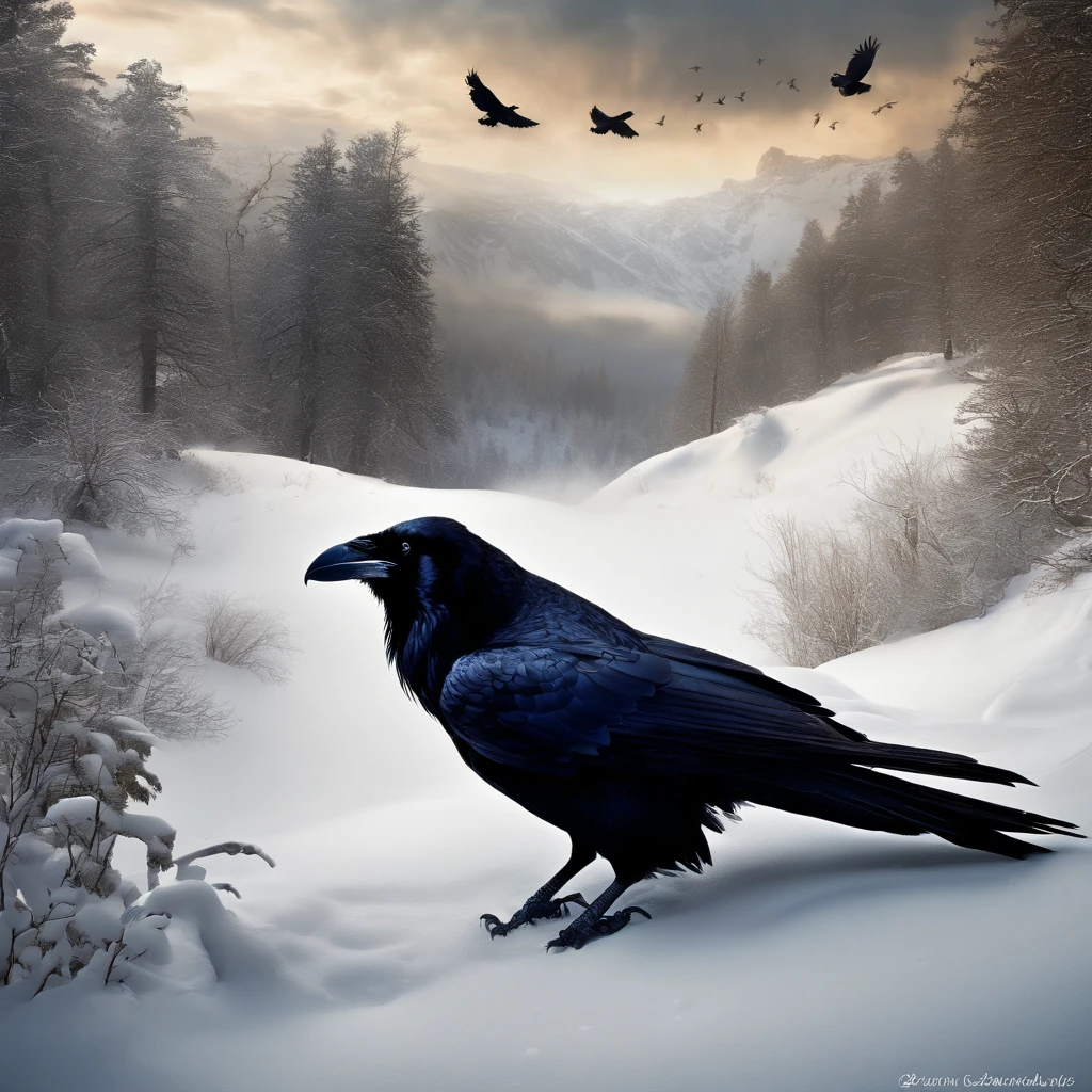 cawing ravens,(Distant view)Best quality, Masterpiece, snowfield, high resolution, (photograph realistic:1.4), surrealism, Dream-like,fusionart, Shadowdancer, shadow magic, darkness control, stealth, shadowstep, umbral spells, hidden blade,