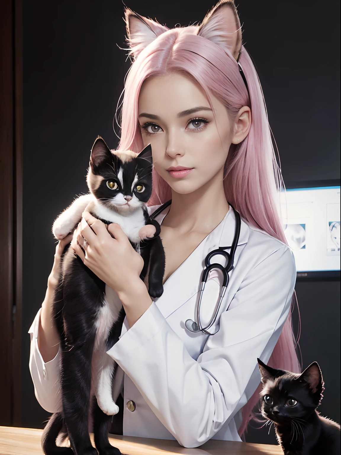 (Masterpiece:1.3), (8K, Photorealistic, Raw photography, Best Quality:1.4), (1girl), Beautiful face, Realistic face, (Detailed face), Beautiful hairstyle long pink hair with pink cat ears, (Detailed hair), Realistic purple eyes, (Detailed eyes), Beautiful details, Realistic skin, (Detailed skin), Beautiful skin, Attractive, Ultra high definition, A hyper-realistic, Very detailed, (medium breasts:0.5), mexican beauty, (slim figure), (A veterinarian wearing a white coat examines a cute black kitten, kitten on examination table), (Stethoscope), Female doctor looking at a kitten:1.3, gentle smile, At the dog and cat hospital