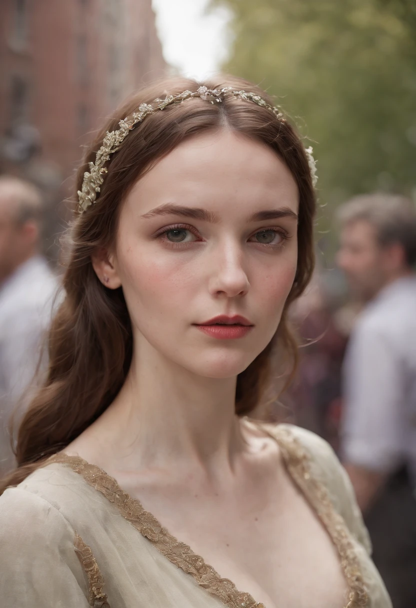ultra sharp focus, realistic shot, medieval female clothes, tetradic colors (scar:1.4), street photography in New York, a pale young woman wears a dress that allows to notice hard areolas underneath