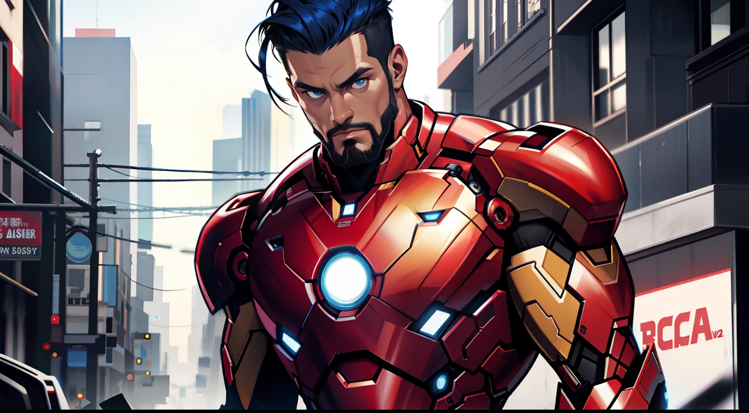 hyper details, hyper quality, ultra resolution, Marvel style, 8k, masterpiece, (1Man in Armor similar [iron man] color:(black with red accents):1.2), (blue eyes):1.2, (hair slicked back:1,2), (short hair color blue):1.2, beard short, (western appearance):1.2, perfect_anatomy, perfect_hands, perfect_suit, front_face:1.2, (destroyed city scenery),