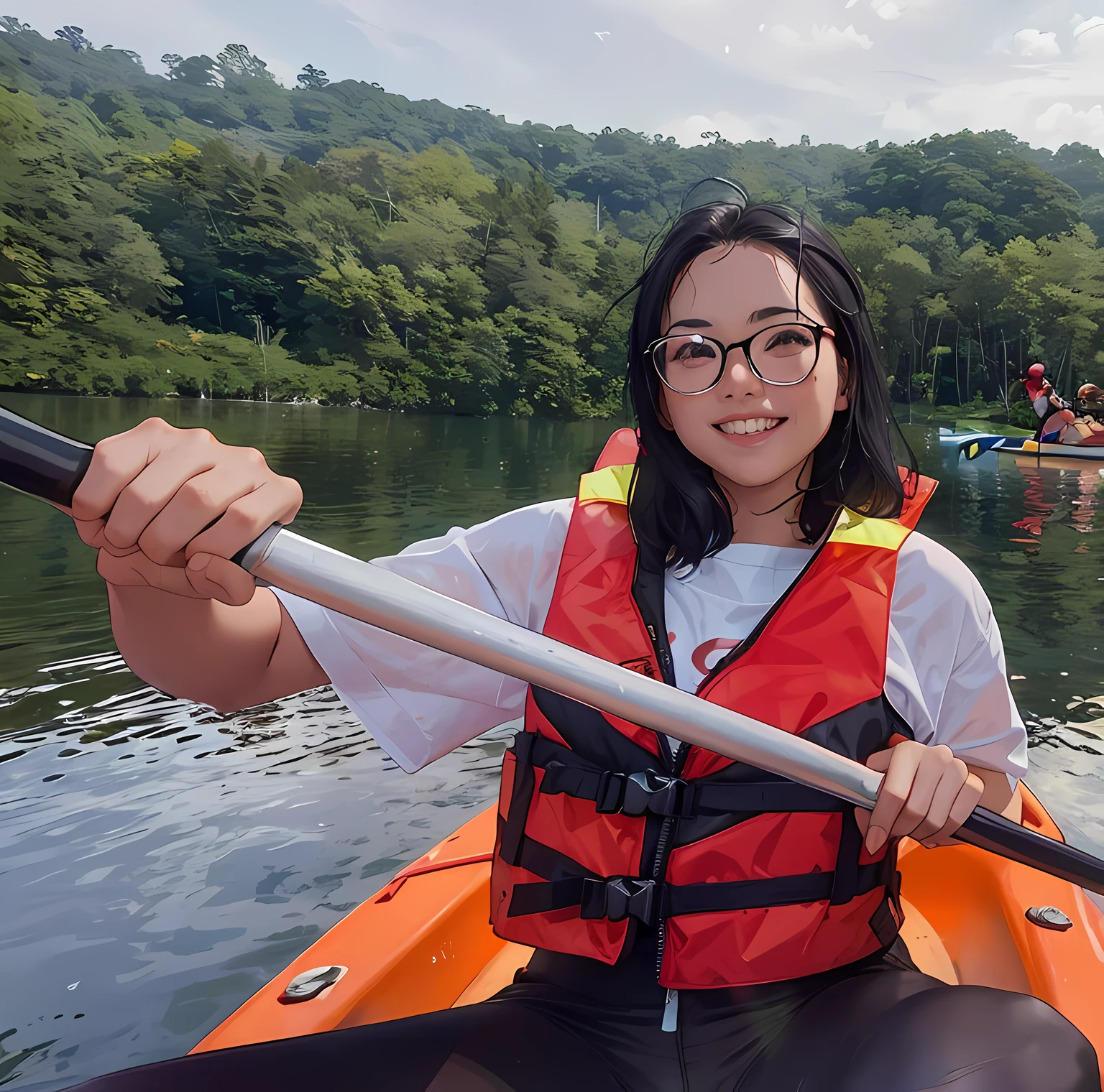 smiling woman in life jacket and safety vest paddling a kayak, on a kayak in a forest, having a great time, on a boat on a lake, on a lake, picture,, having a good time, in lake, in a lake, photo taken in 2 0 2 0, photoshot, during sunrise, vacation photo, wear red life jacket, holding paddle, glasses, sexy
