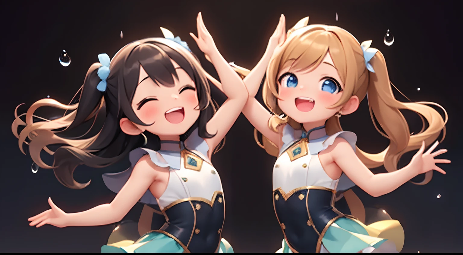 Two girls standing in front of a painting、laugh face、Water droplets on the cheeks、Dance Practice、Rotational jump、bustup、Eye Up、Flowing iridescent silk