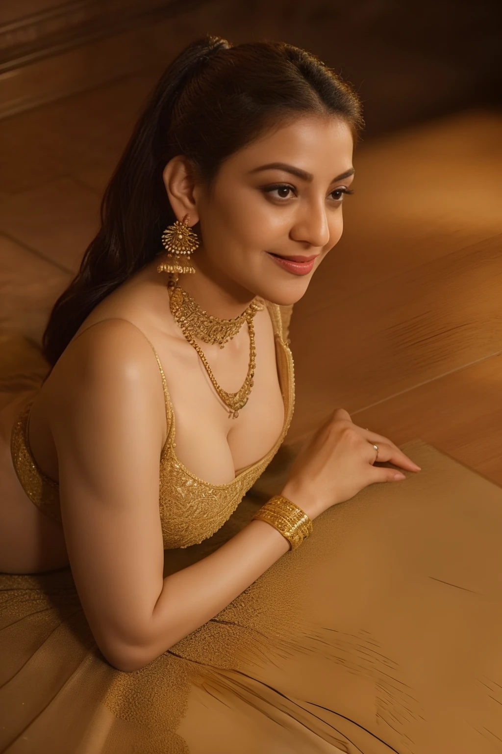 Day scene, close up photo of a sexy Indian maid, cleaning floor in a palace, big cheeks, super stylish dress with wide open breasts, accessories, earrings, necklace, erotic face, 36 yo, ponytail, look at viewer and smile, (cinematic:1.3), intricate details, (ArtStation:1.2)