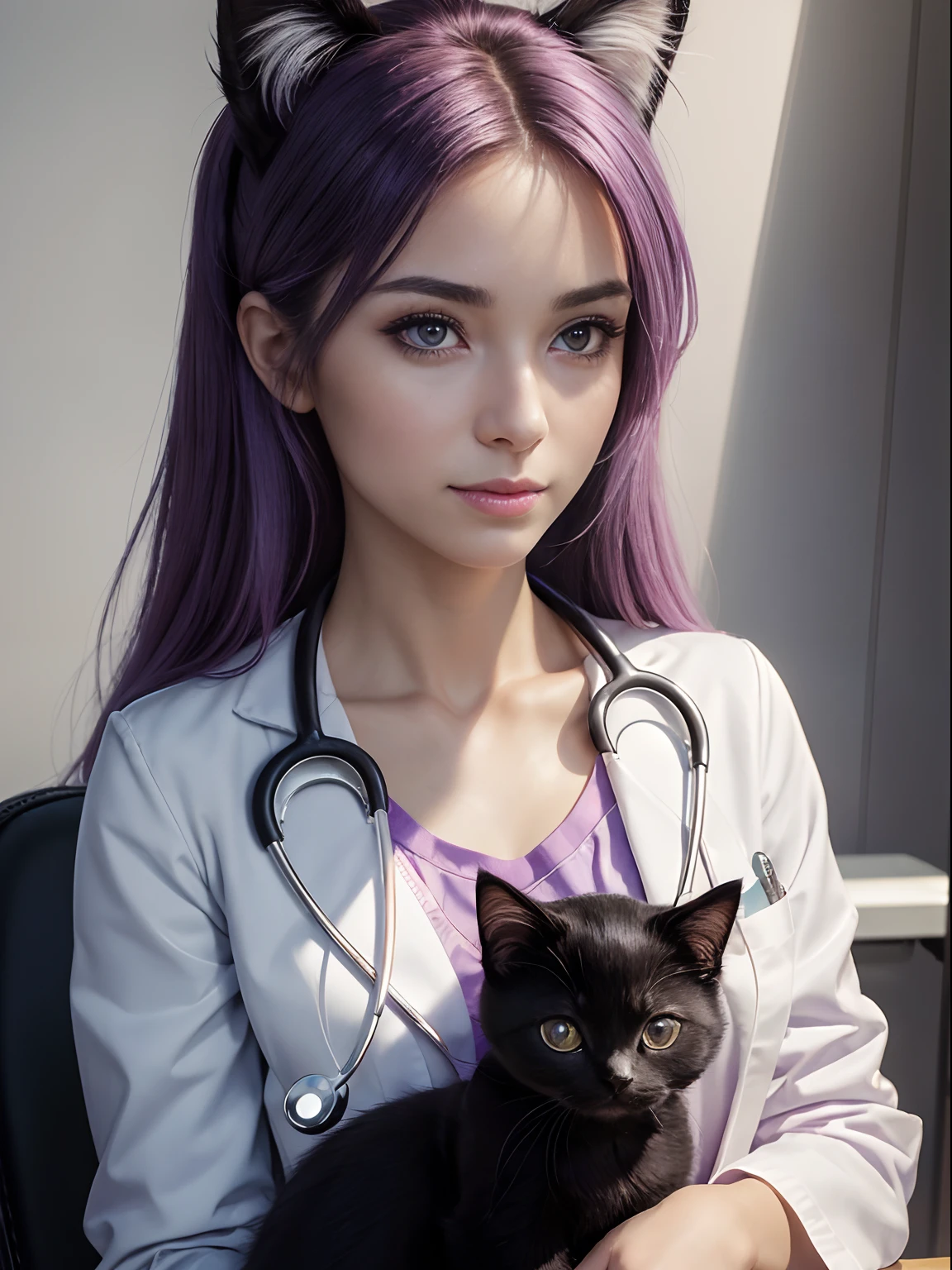 (Masterpiece:1.3), (8K, Photorealistic, Raw photography, Best Quality:1.4), (1girl), Beautiful face, Realistic face, violet eyes with purple, (Detailed face), Beautiful hairstyle long pink hair with pink cat ears, (Detailed hair), Realistic purple eyes, (Detailed eyes), Beautiful details, Realistic skin, (Detailed skin), Beautiful skin, Attractive, Ultra high definition, A hyper-realistic, Very detailed, (medium breasts:0.5), mexican beauty, (slim figure), (A veterinarian wearing a white coat examines a cute black kitten, kitten on examination table), (Stethoscope), Female doctor looking at a kitten:1.3, gentle smile, At the dog and cat hospital
