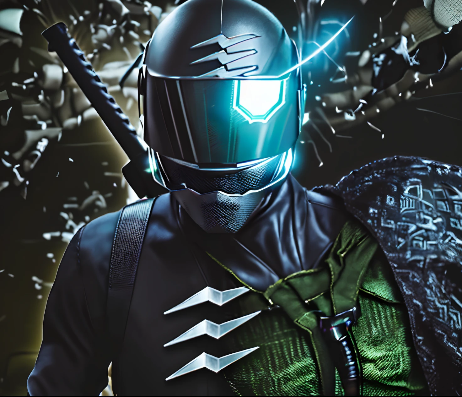 Raw 8k UHD alto detalhe, 1Homem Kamen Rider, Helmet in the shape of locust elements, Closed face shield, black colour, Storm elements, Faust, the nipon character "bolts" in the middle of Kamen Rider's Belt,Yugioh artwork, top-quality, masterpiece, A high resolution, Storm is a ninja who was revived by the Sorcerers as a cyborg. He has all the abilities of his deceased clanmates, as well as using a pistol, baton, and the Shadow Match bike.