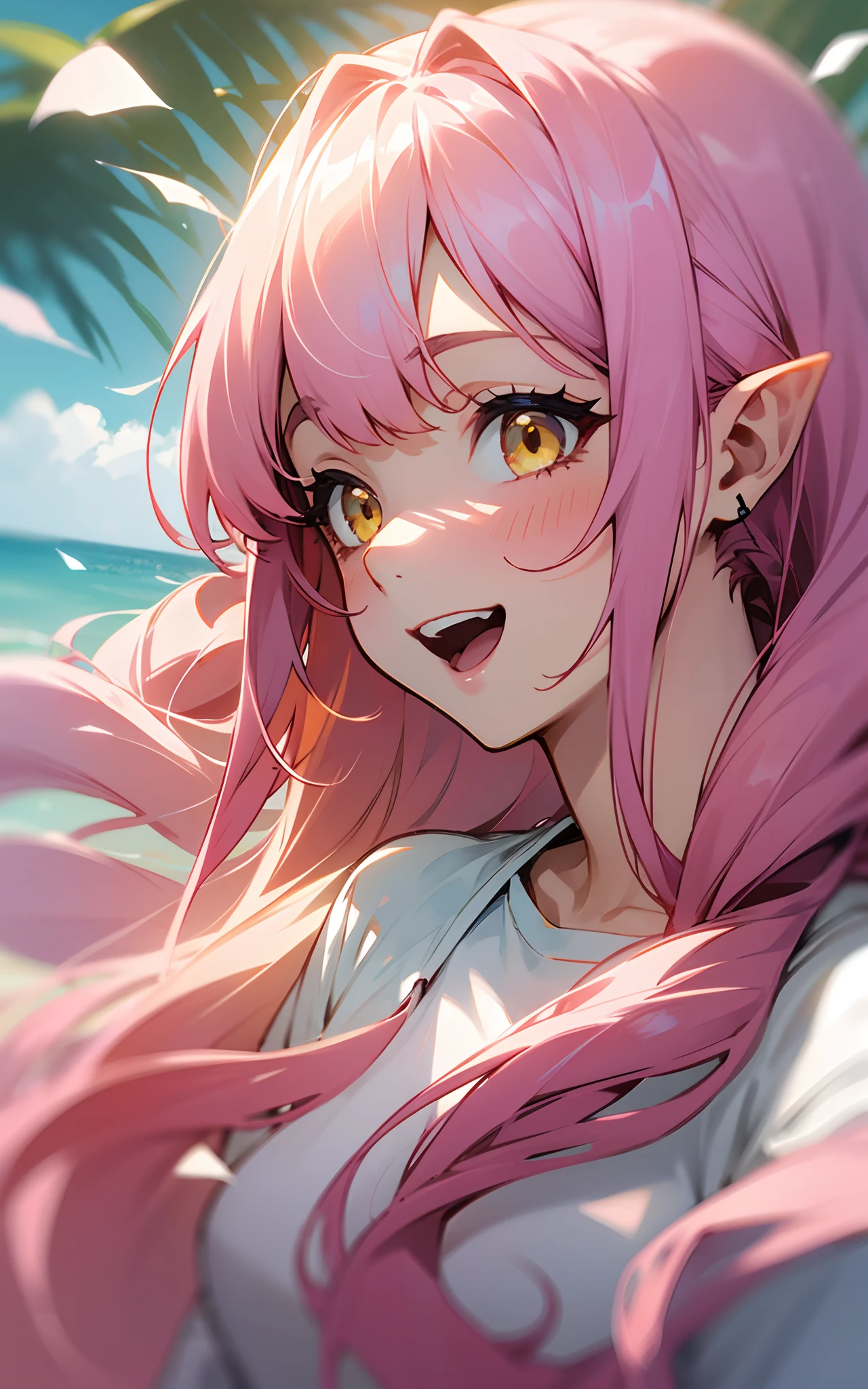  girl、long-haired pink color、twin drills, Bangs parted left and right:1.5、Yellow eyes、pointy ear、burst into laughter、white t-shirts、white short pants、landscape of a beach、Soft lighting、summer feel、a closeup