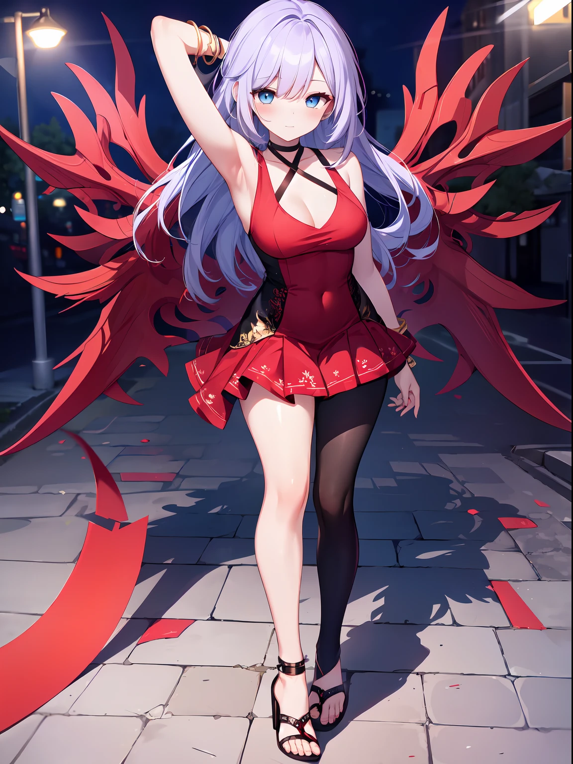 ((masterpiece)), ((Best Quality)), (ultra-detailed), ((extremely detailed)), 4K, (8K), best quality, top-quality, anime style,1girl, solo, The most detailed skin, White lace bodysuit, red velvet short skirt, black open-toe sandal heels, set of gold bangles, red velvet choker, //, Stunned expression, Girl with troubled face, Ecstasy, (sexual expression), smile, blush, Red face, //, large breasts, voluptuous body, //, Medium bob hair style, Deep blue hair color, (beautiful eyes), pink-skinned, //, Wall with graffiti, dim streetlight, (thick lines:1.2),