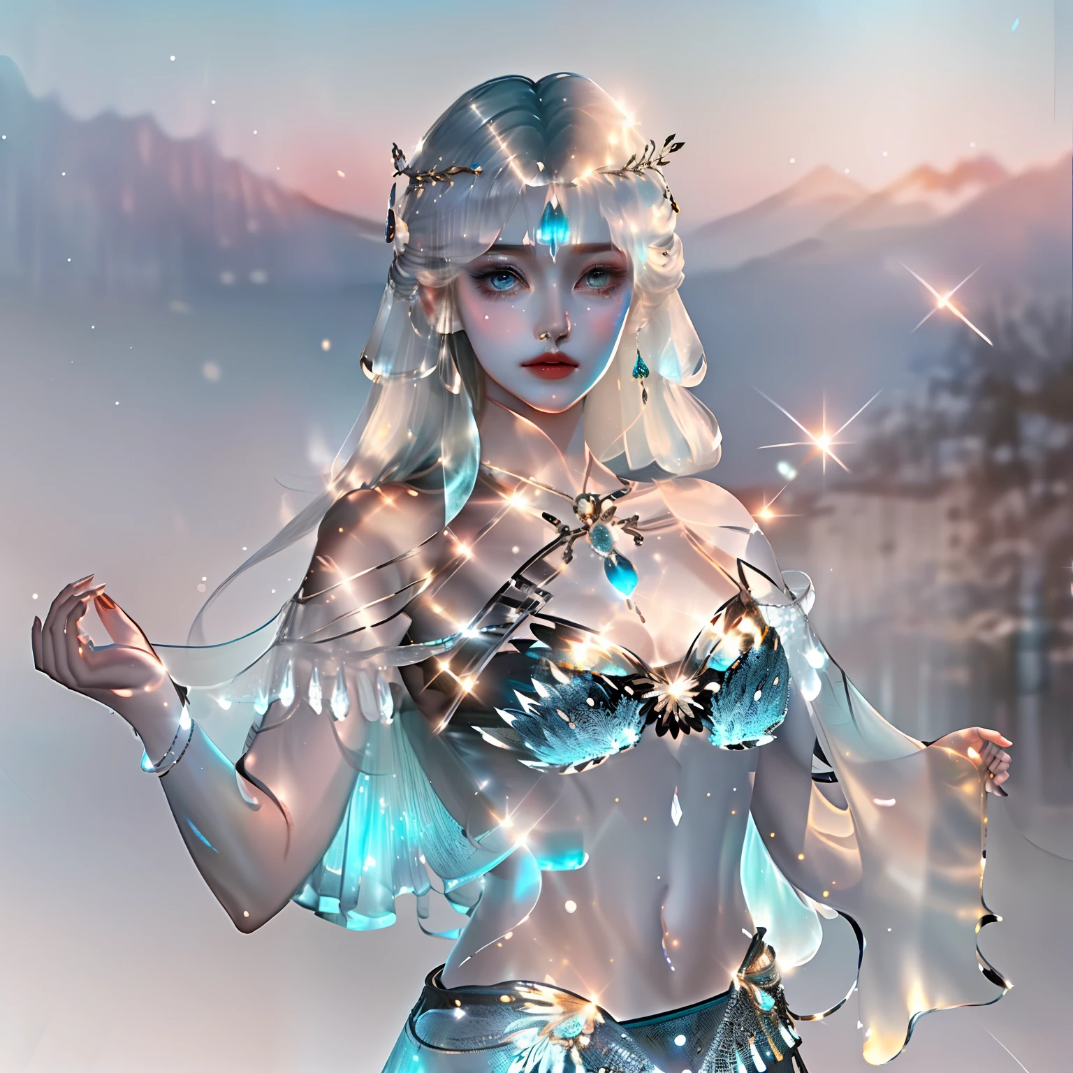 Stunning Chinese Hanfu,Embroidered with crystal translucent branches. The branches shine like diamonds. Phoenix comes back to life,Drag a two-meter skirt. The whole body is beautiful, noble, Turquoise Blue,Cute big breasts, Magic, Octane Rendering, Surreal, Bright background
