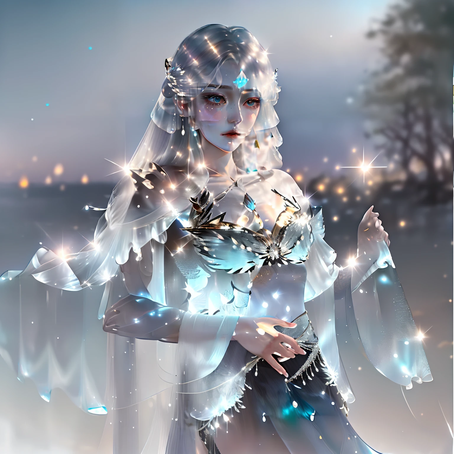 Stunning Chinese Hanfu，Embroidered with crystal translucent branches. The branches shine like diamonds. Phoenix comes back to life，Drag a two-meter skirt. The whole body is beautiful, noble, Turquoise Blue,Cute big breasts， Magic, Octane Rendering, Surreal, Bright background