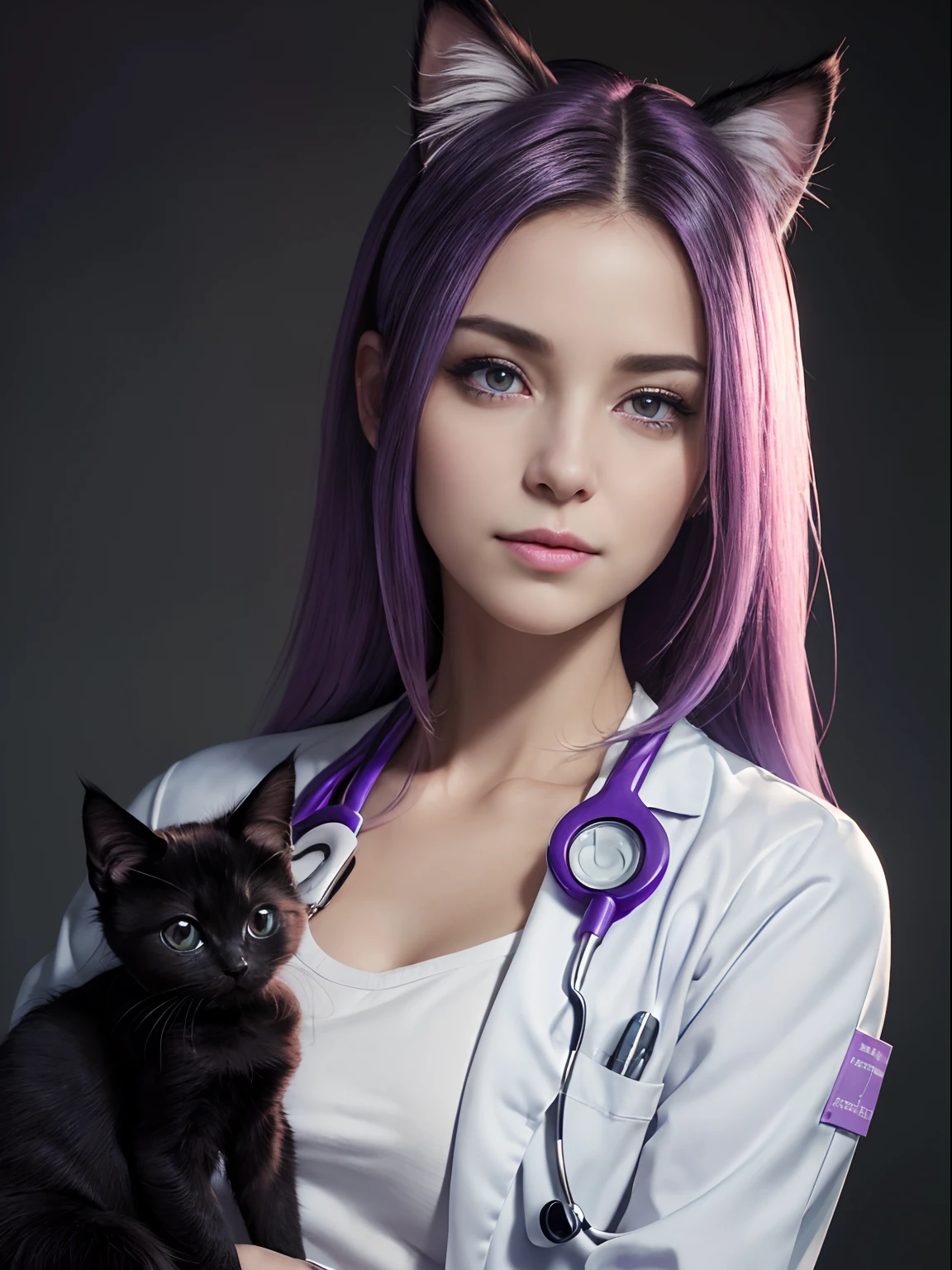 (Masterpiece:1.3), (8K, Photorealistic, Raw photography, Best Quality:1.4), (1girl) violet eyes with purple, Beautiful face, Realistic face, purple, turquoise, violet, pink eyes (Detailed face), Beautiful hairstyle long pink hair with pink cat ears, (Detailed hair), Realistic purple eyes, (Detailed eyes), Beautiful details, Realistic skin, (Detailed skin), Beautiful skin, Attractive, Ultra high definition, A hyper-realistic, Very detailed, (medium breasts:0.5), mexican beauty, (slim figure), (A veterinarian wearing a white coat examines a cute black kitten, kitten on examination table), (Stethoscope), Female doctor looking at a kitten:1.3, gentle smile, At the dog and cat hospital