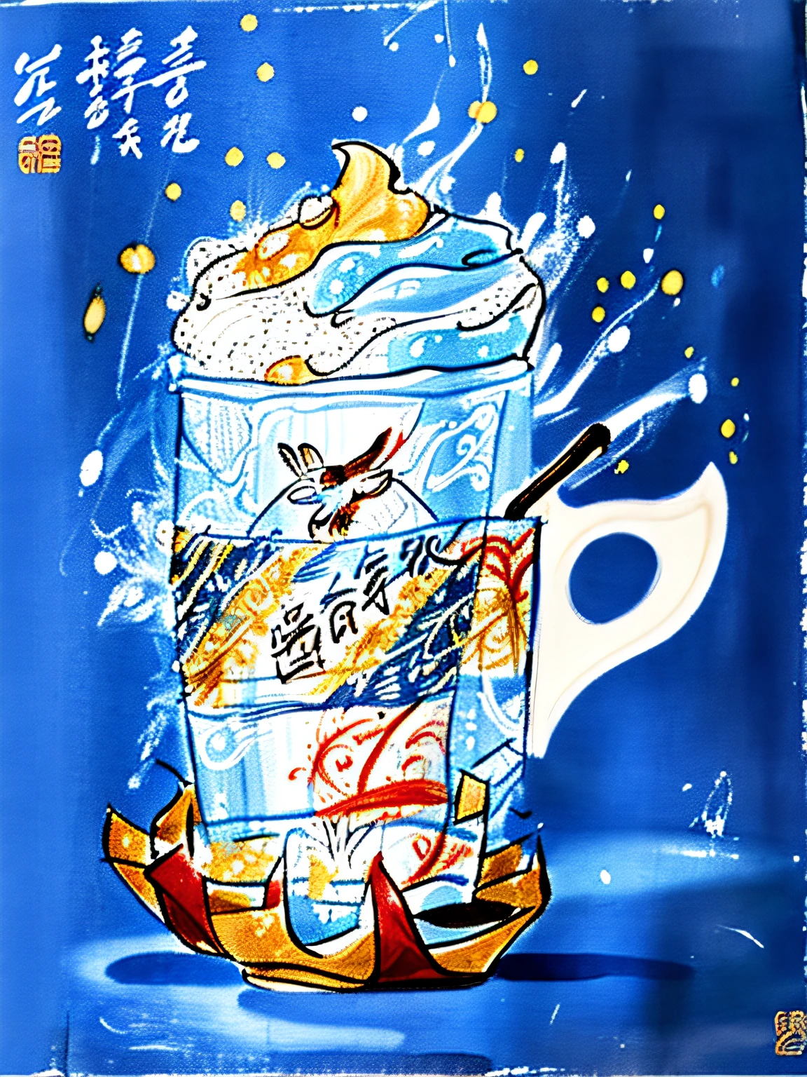 Draw a cup of coffee，There is a bird on it, kids drawing, a child's drawing, inspired by Ma Yuanyu, inspired by Hua Yan, inspired by Dong Yuan, inspired by Ruan Jia, Inspired by Yoshida Hanbei, Inspired by Cao Zhibai, inspired by Shi Zhonggui, inspired by Huang Gongwang