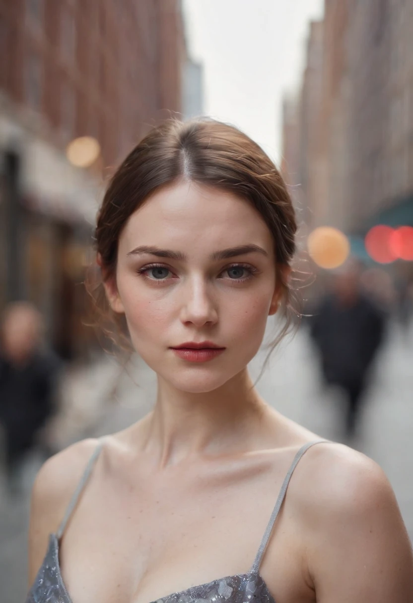 ultra sharp focus, realistic shot, tetradic colors (scar:1.4), street photography in New York, a pale young woman wears a dress that allows to notice hard areolas underneath, classy, shot focus on upper body