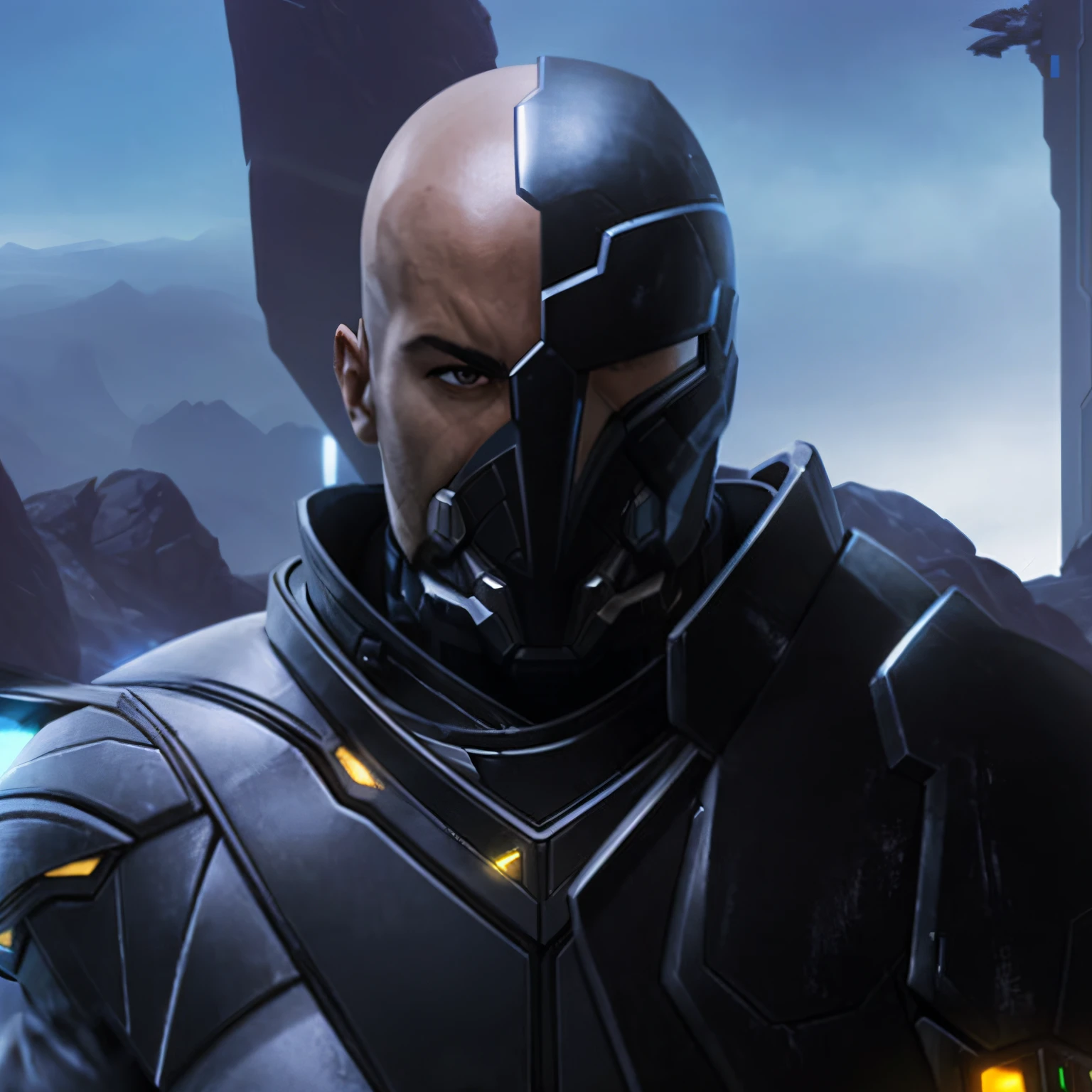 arafed man in a futuristic suit standing in front of a mountain, metabaron, turian, inspired by Rajmund Kanelba, bioware, starcraft 2 videogame character, clothed in stealth armor, clothed in sci-fi military armor, dren from splice, face of an armored villian, anfas portrait of a mech warrior