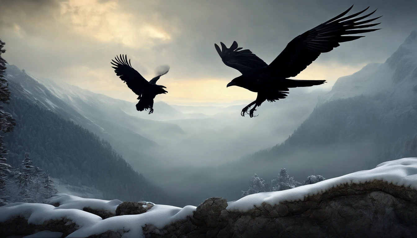 cawing ravens,big vista,(Distant view)Best quality, Masterpiece, snowfield, high resolution, (photograph realistic:1.4), surrealism, Dream-like,fusionart, Shadowdancer, shadow magic, darkness control, stealth, shadowstep, umbral spells, hidden blade,