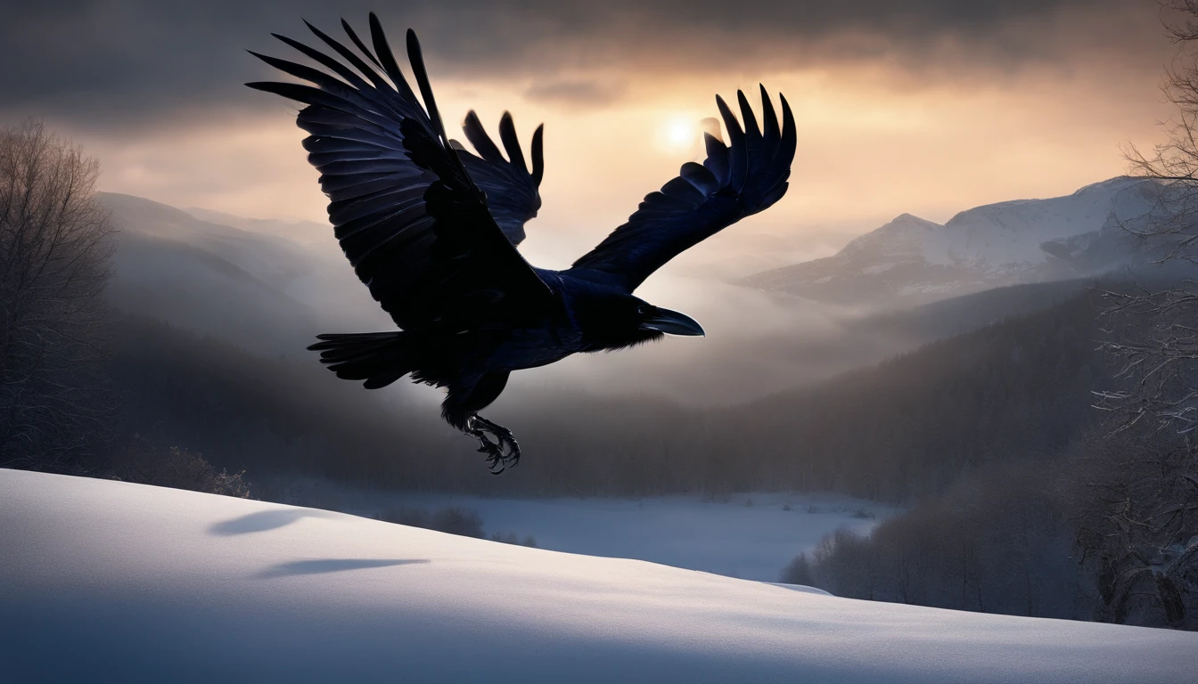 cawing ravens，big vista，(Distant view)Best quality, Masterpiece,  snowfield, high resolution, (photograph realistic:1.4), surrealism, Dream-like,fusionart, Shadowdancer, shadow magic, darkness control, stealth, shadowstep, umbral spells, hidden blade,