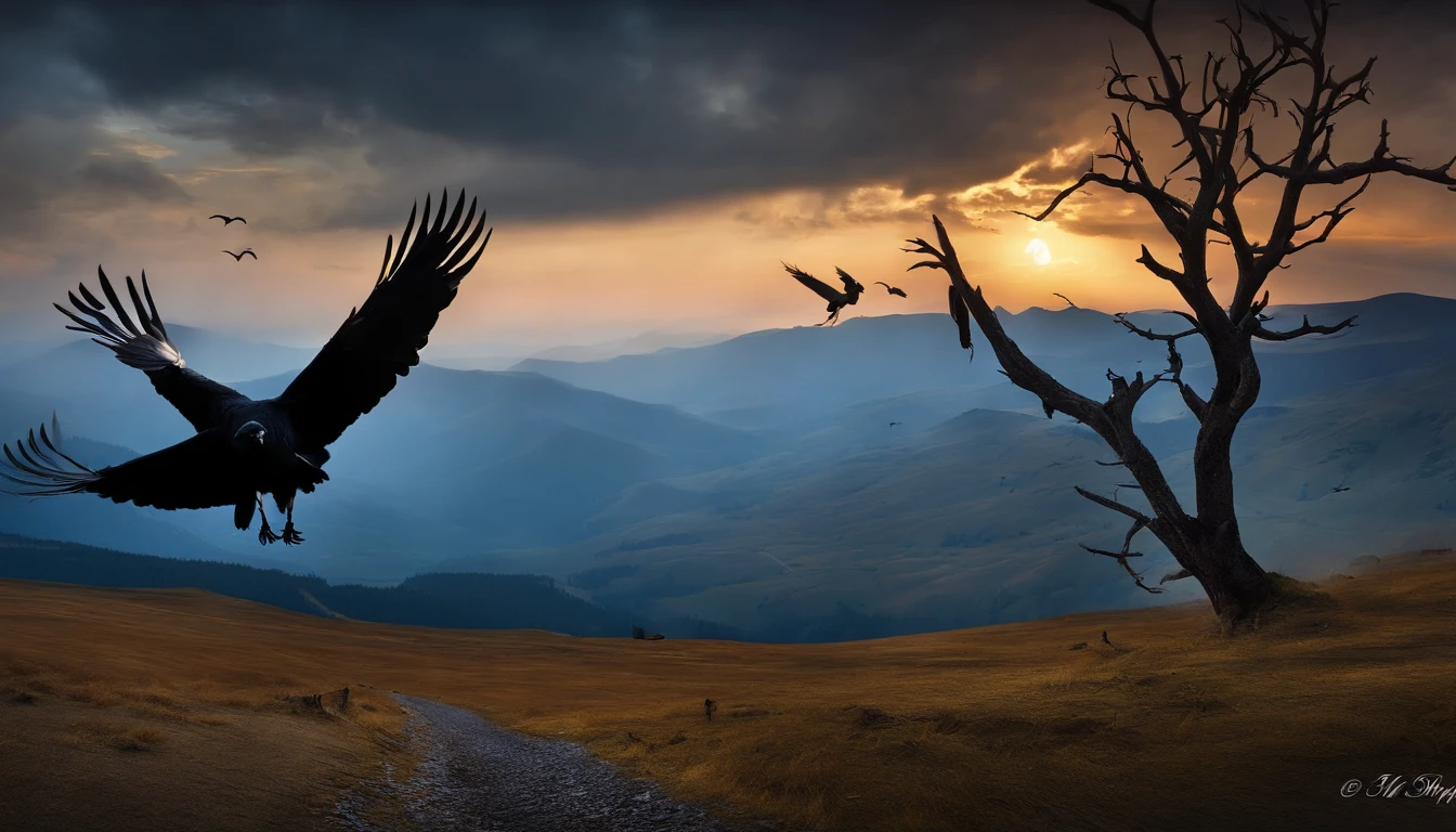 cawing ravens,big vista,(Distant view)Best quality, Masterpiece, snowfield, high resolution, (photograph realistic:1.4), surrealism, Dream-like,fusionart, Shadowdancer, shadow magic, darkness control, stealth, shadowstep, umbral spells, hidden blade,
