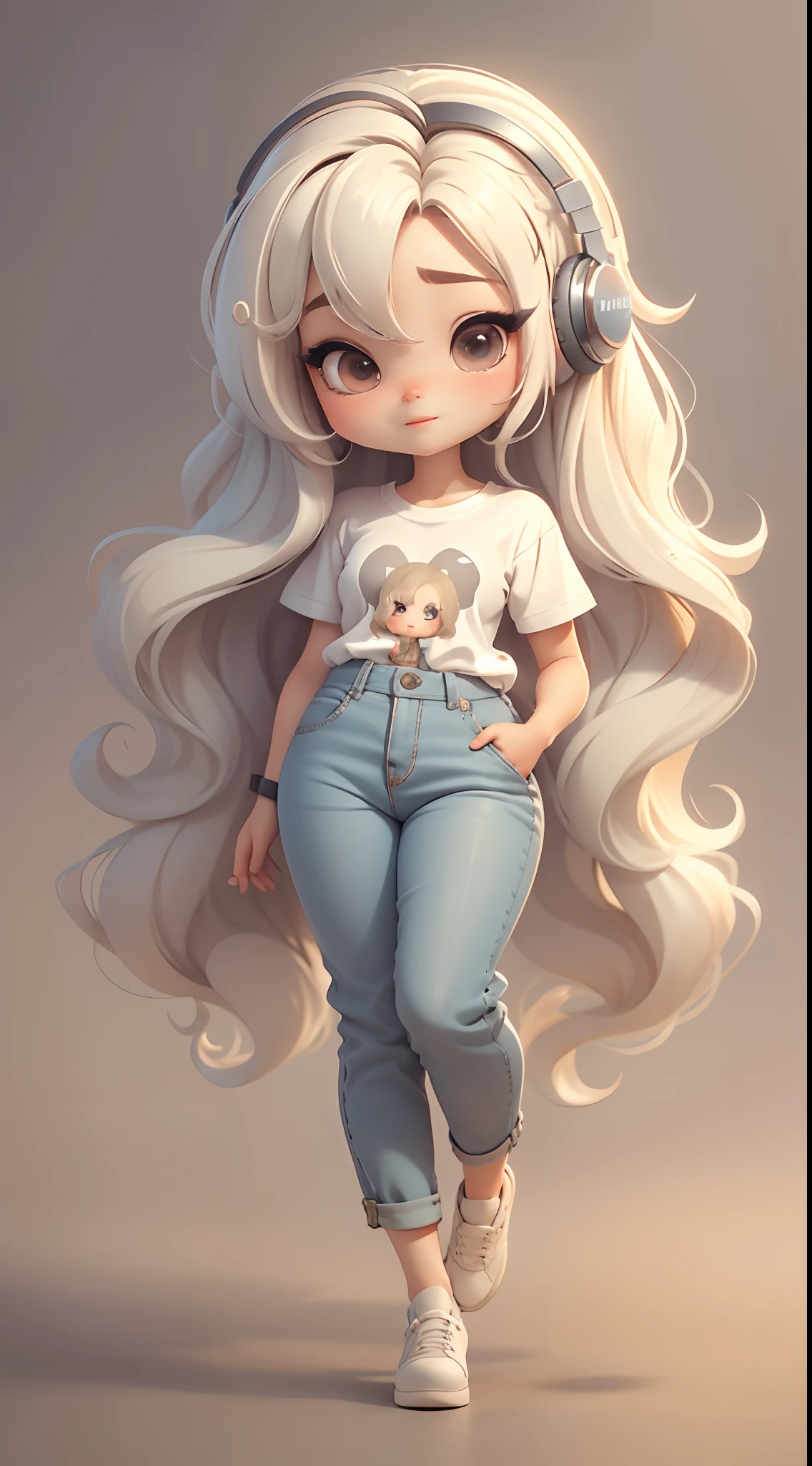 Chibi doll, (full bodyesbian, including legs: 1.5)。Call her Marina. Her hair is light-colored. Your eyes should be large and expressive, Long eyelashes and rosy cheeks. Delicate white smile. T-shirt, Pants and headphones. Be sure to add details to your clothes, Such as buttons and pockets, Cute shoes。Make sure to add a shadow, Texture and detail of hair, The clothes ar, Make them more cute and charming.