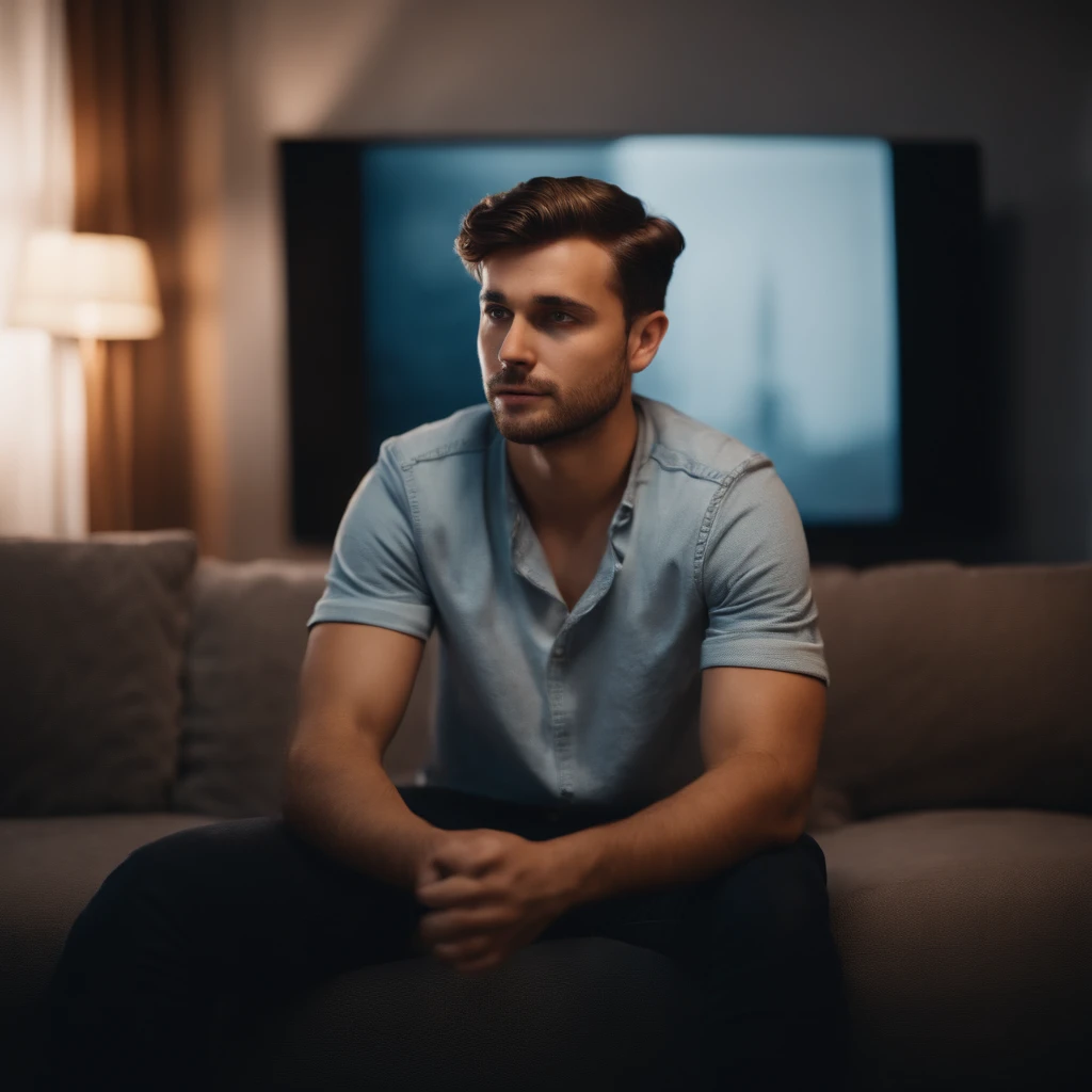 a 25 year old young man, sitting on the sofa watching TV. cinematic style, 8k
